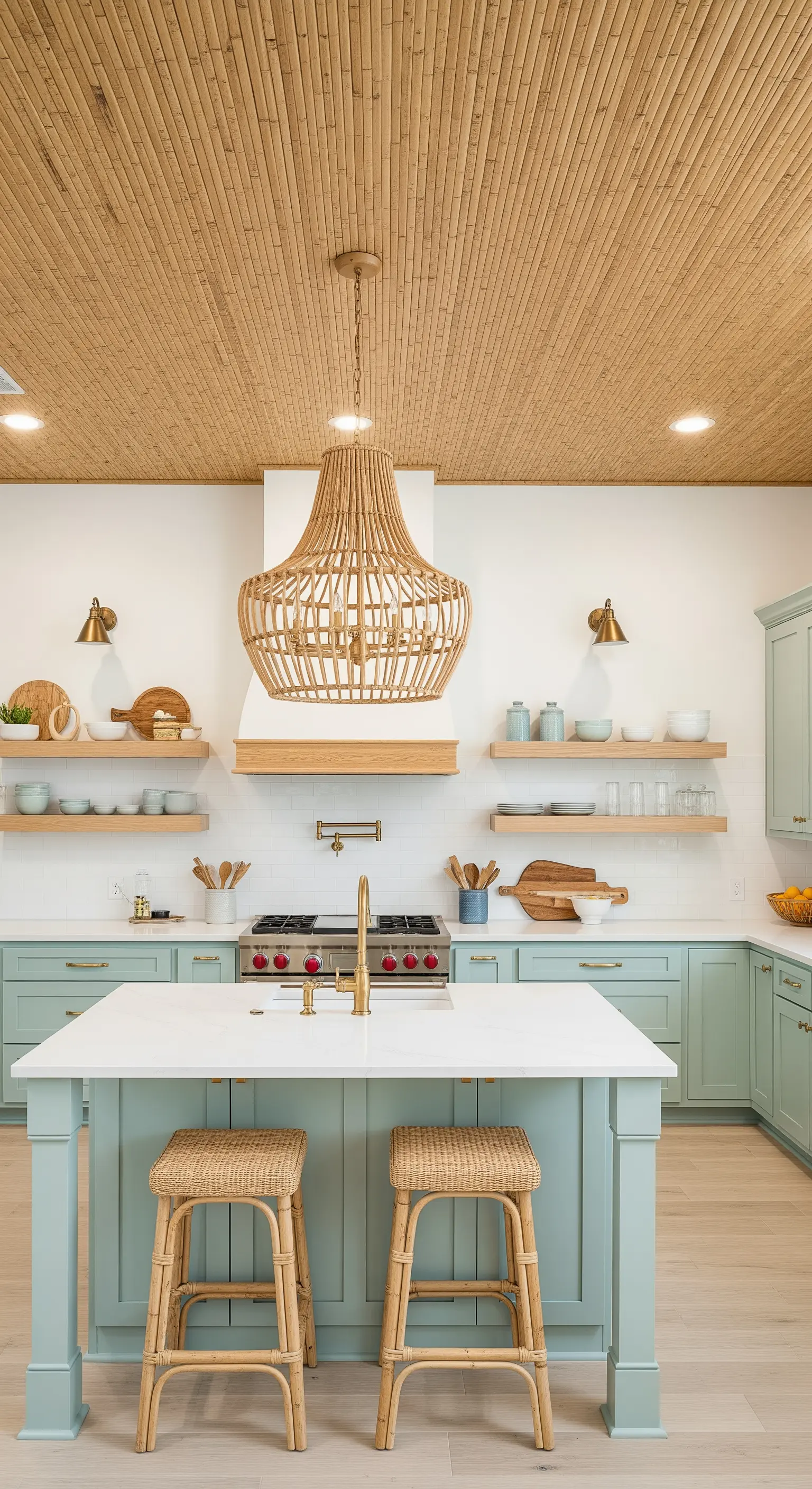 Cucina con soffitto rivestito in bambù, mobili verde salvia e lampadario in rattan.