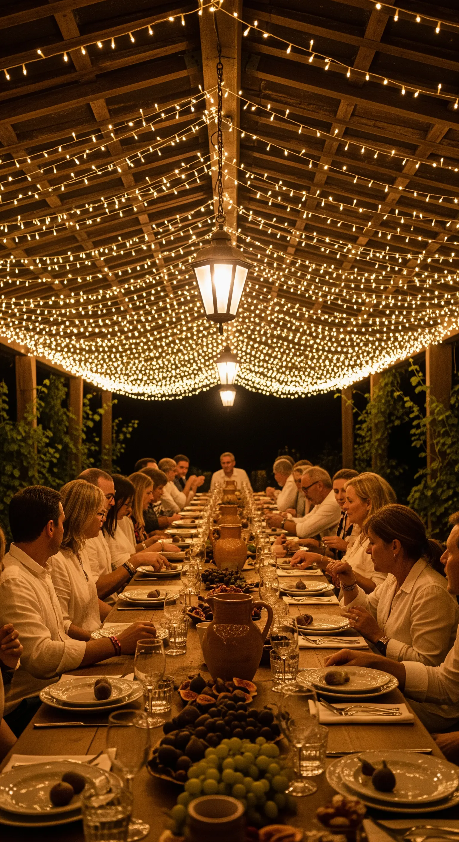Cena conviviale sotto un pergolato interamente ricoperto da una fitta rete di lucine.