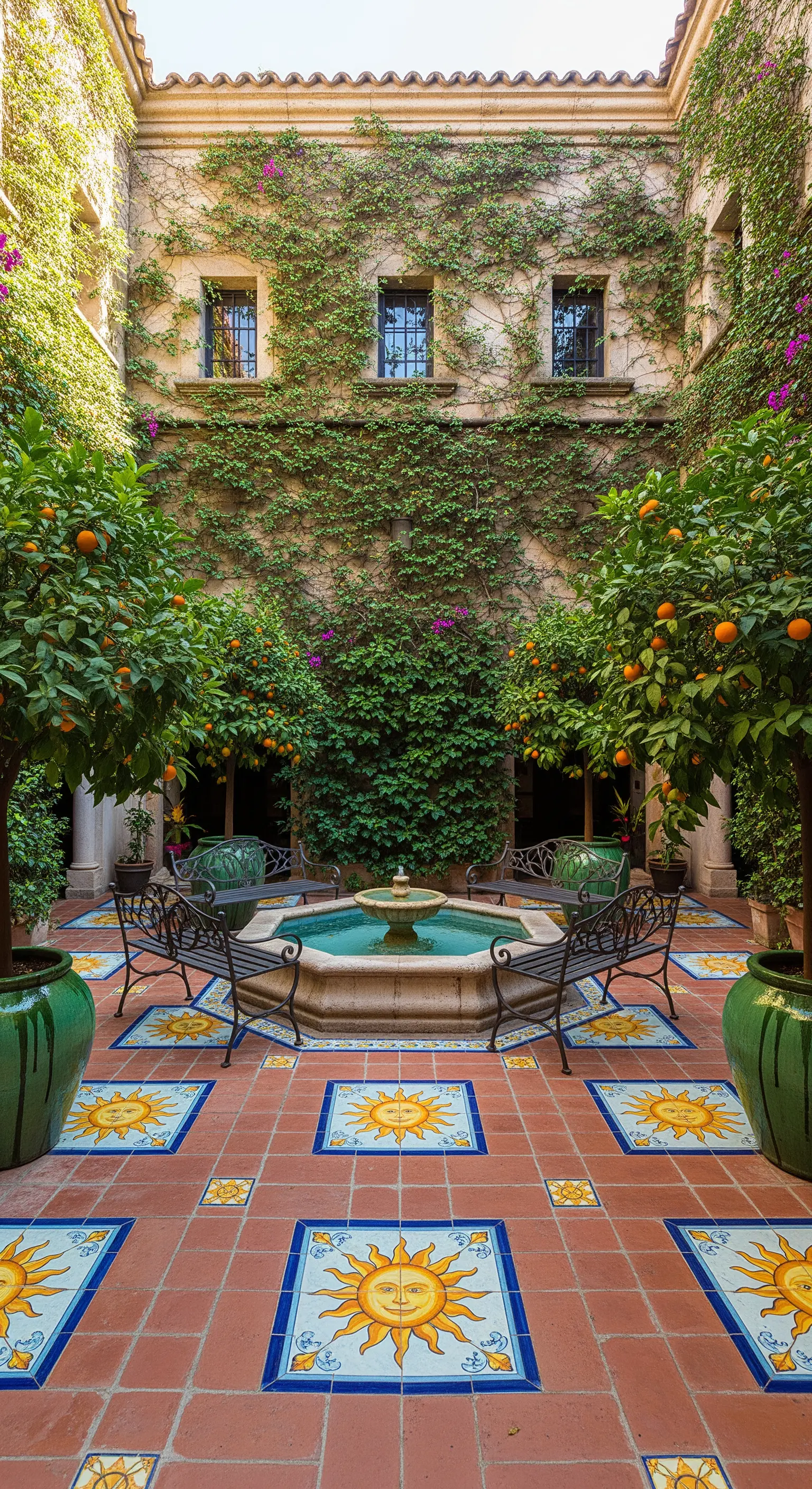 Patio in cotto con inserti di maioliche decorate con un sole, circondato da piante e rampicanti.