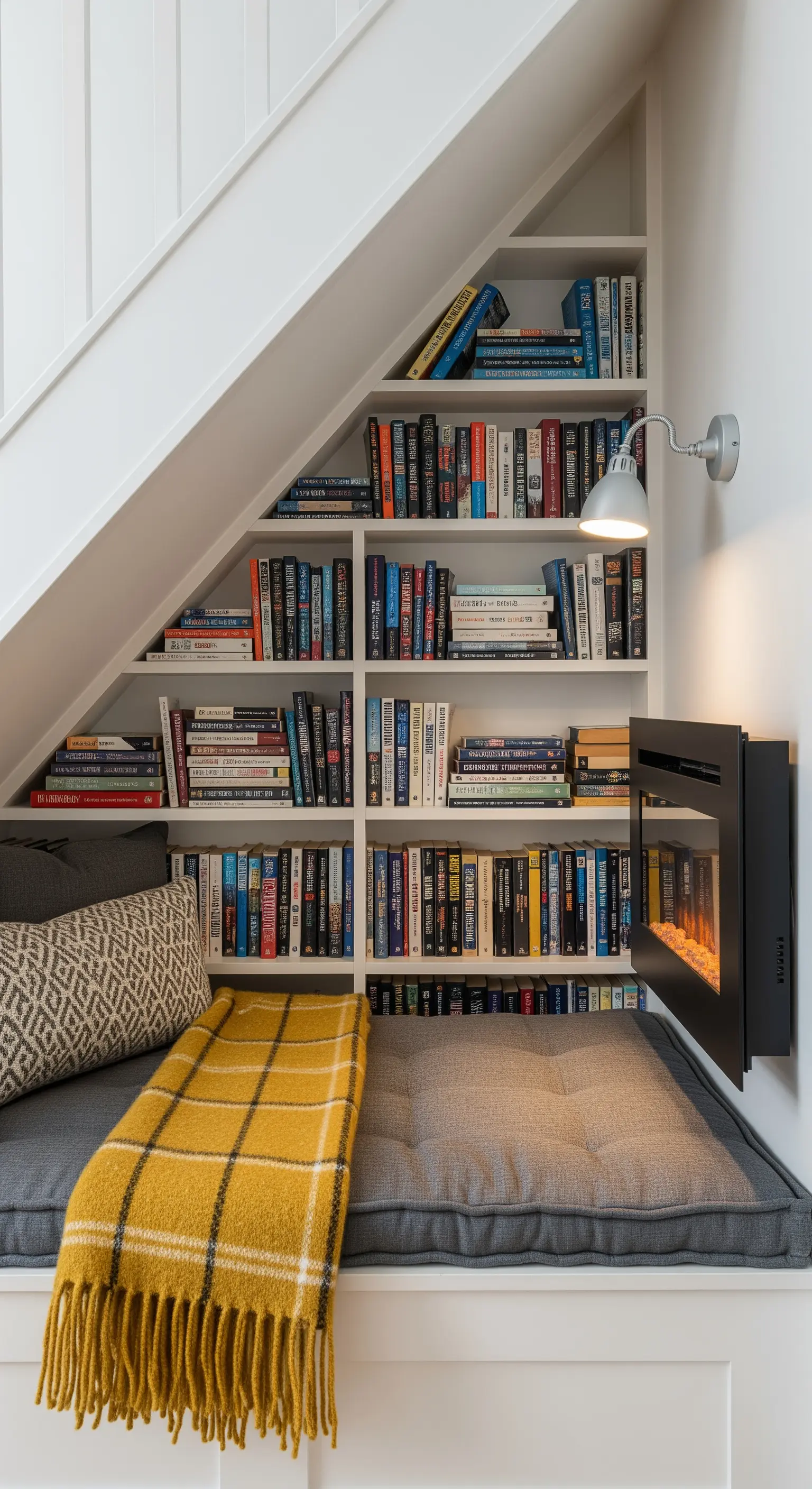 Nido di lettura ricavato nel sottoscala con libreria e panca su misura.