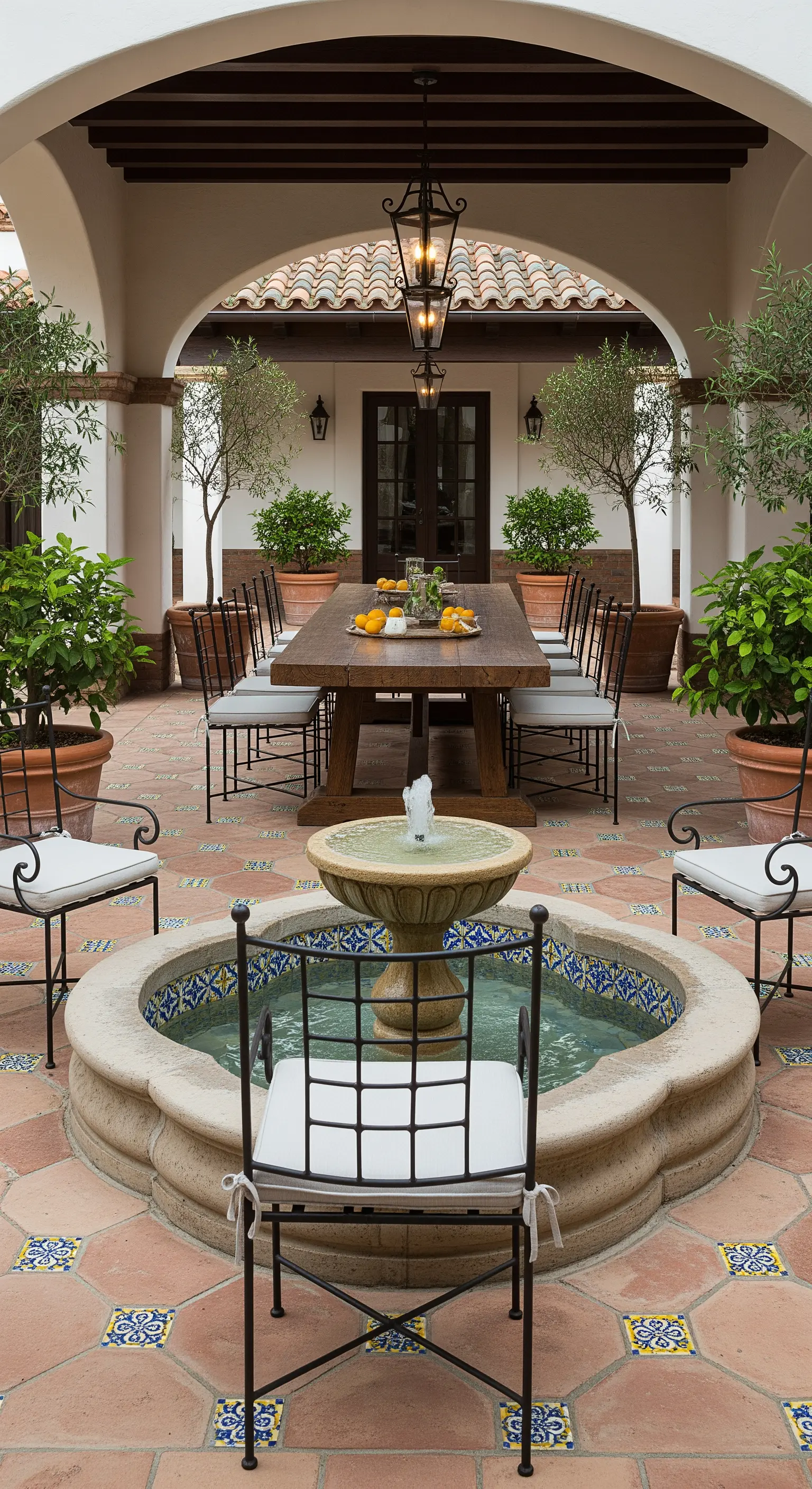 Patio con fontana centrale, pavimento in cotto con inserti decorati e tavolo da pranzo in legno.