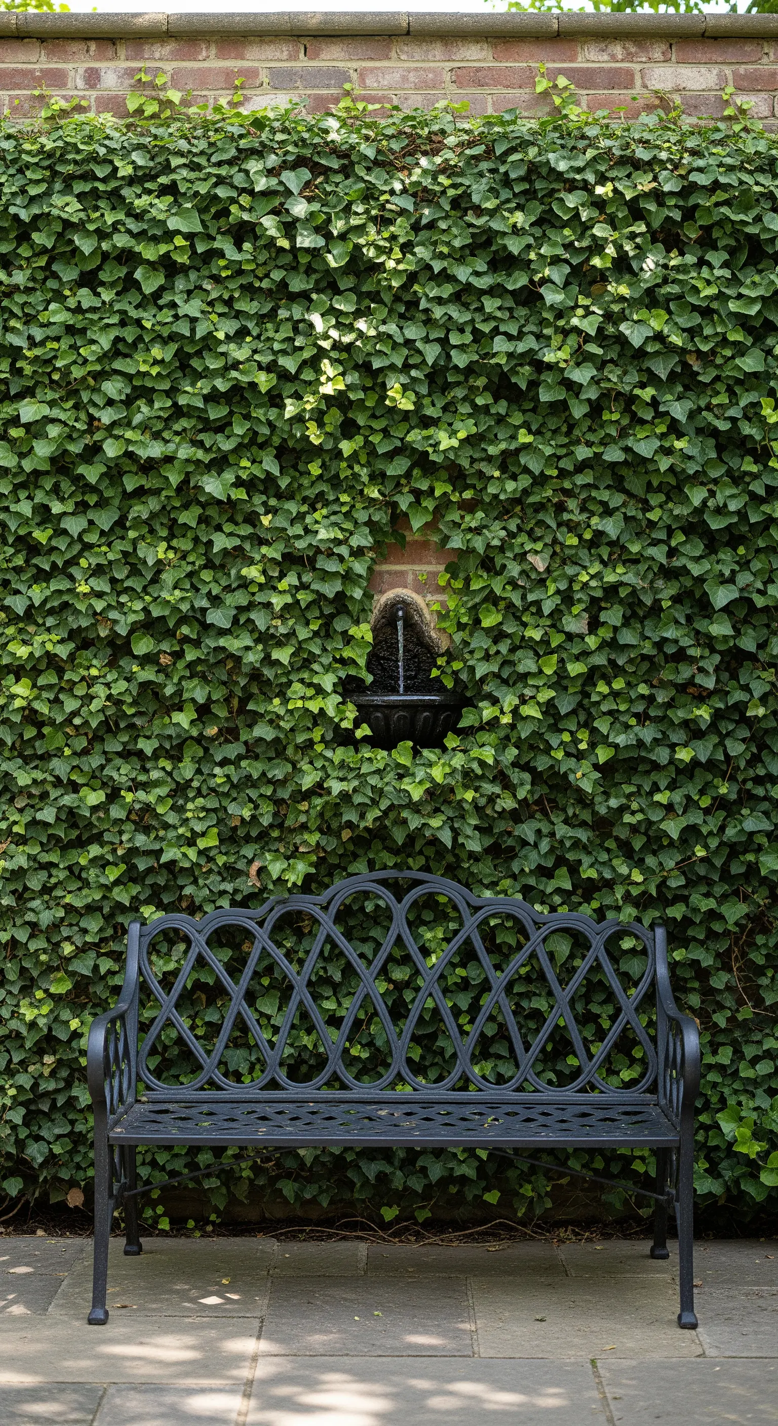 Panchina in ferro battuto nero di fronte a una parete d'edera con una piccola fontana.
