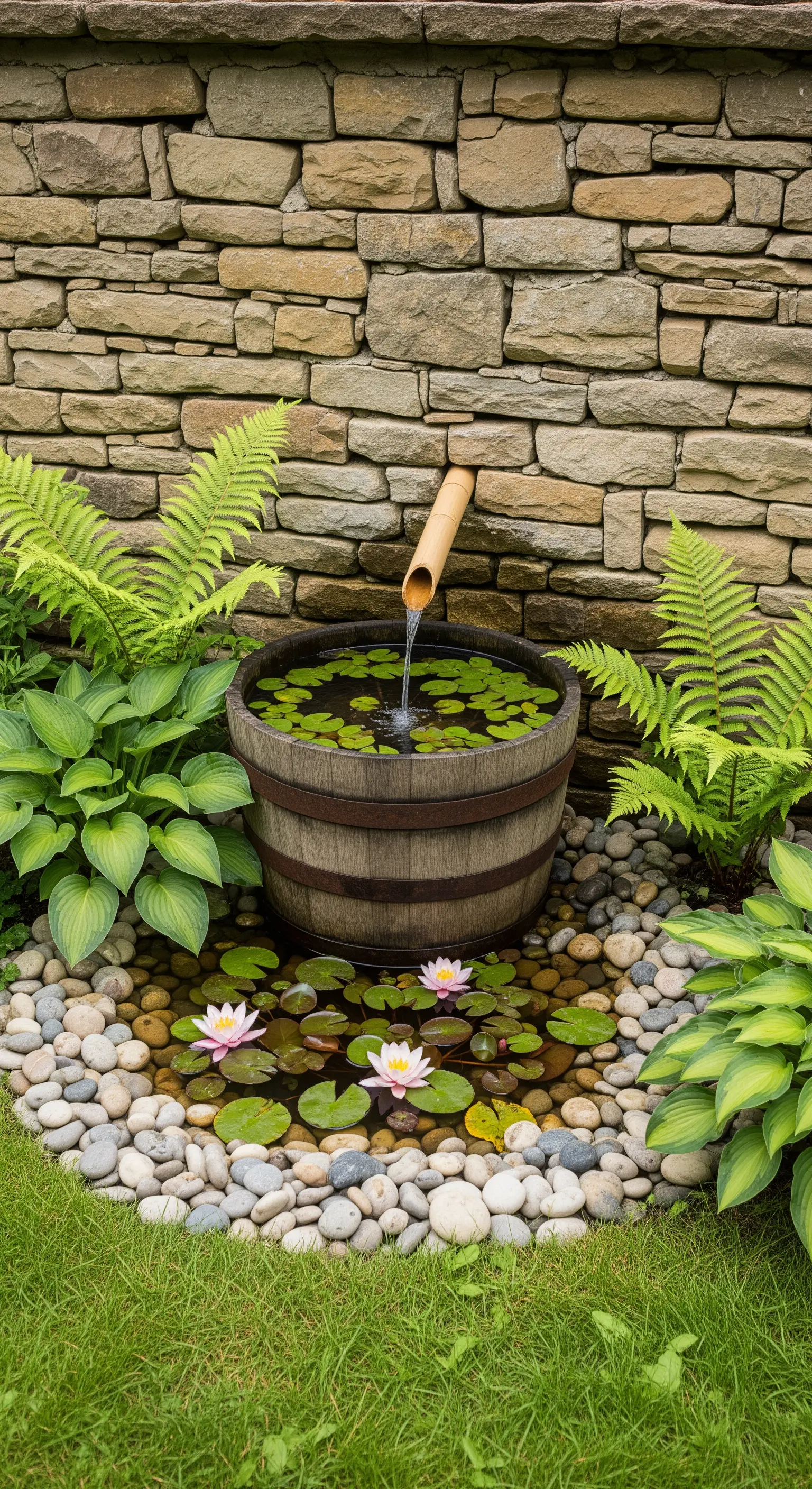 Piccolo stagno creato con una botte di legno, con ninfee, felci e una fontana di bambù