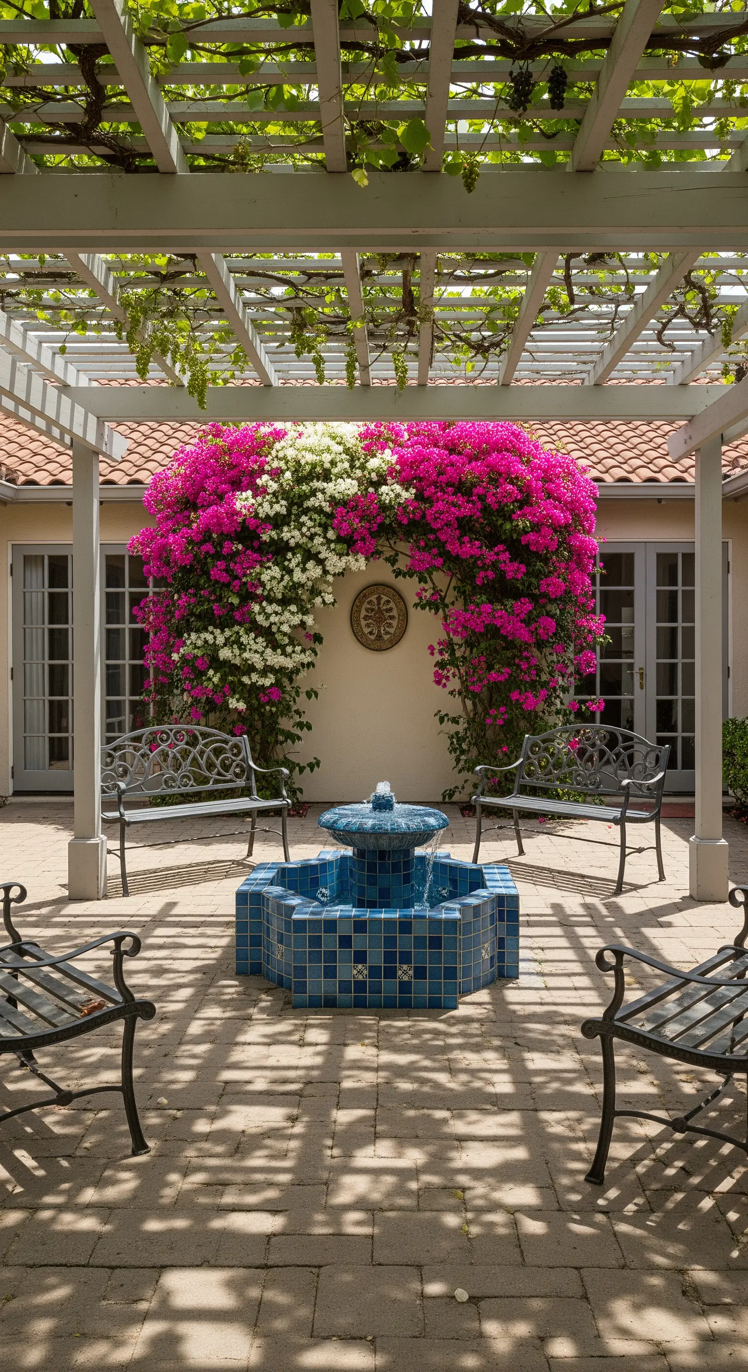 Cortile con fontana centrale in mosaico blu e un grande arco di bouganville bicolore.