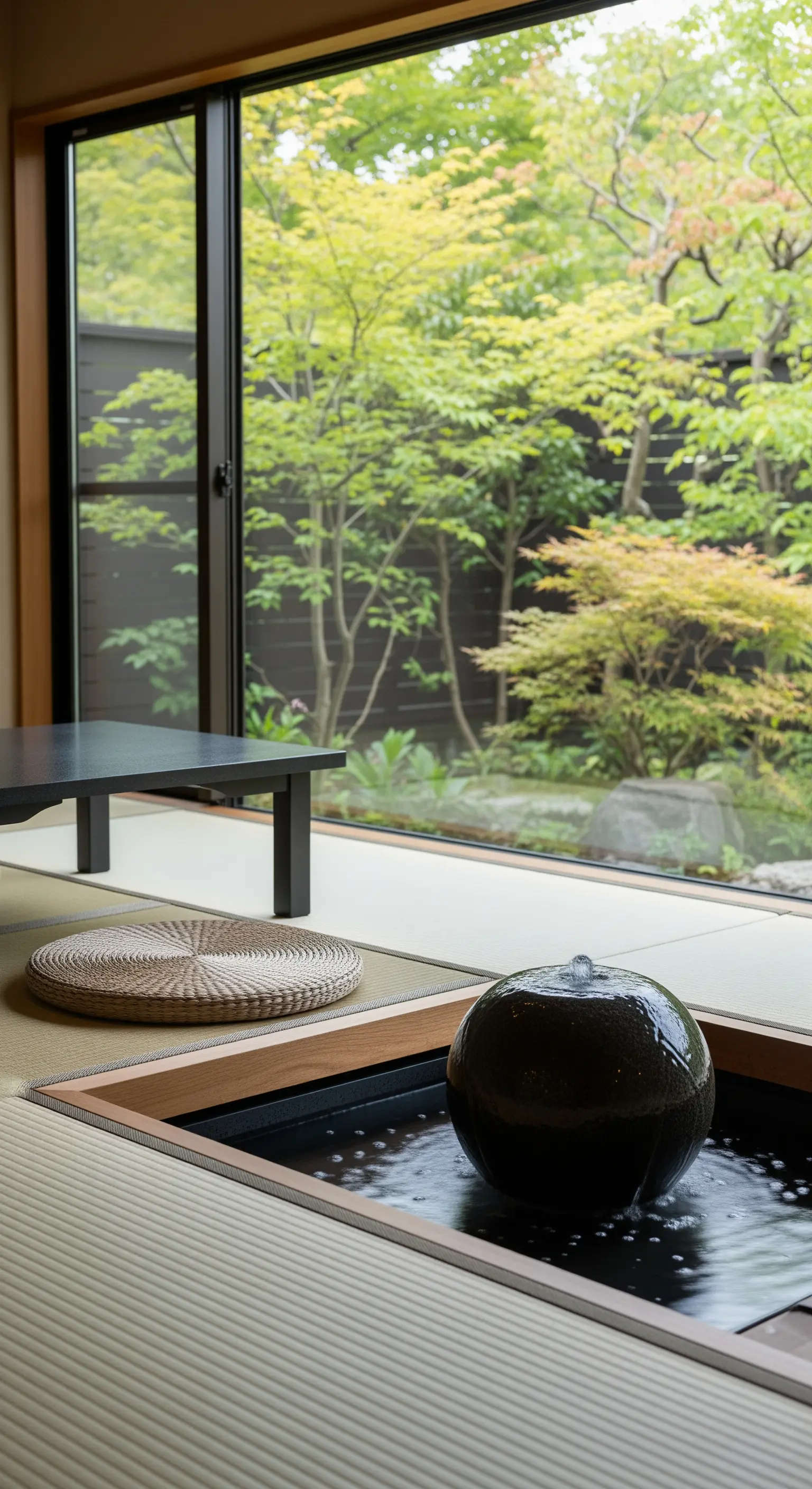 Fontana a sfera in pietra scura integrata nel pavimento, accanto a un cuscino e una vetrata sul giardino.