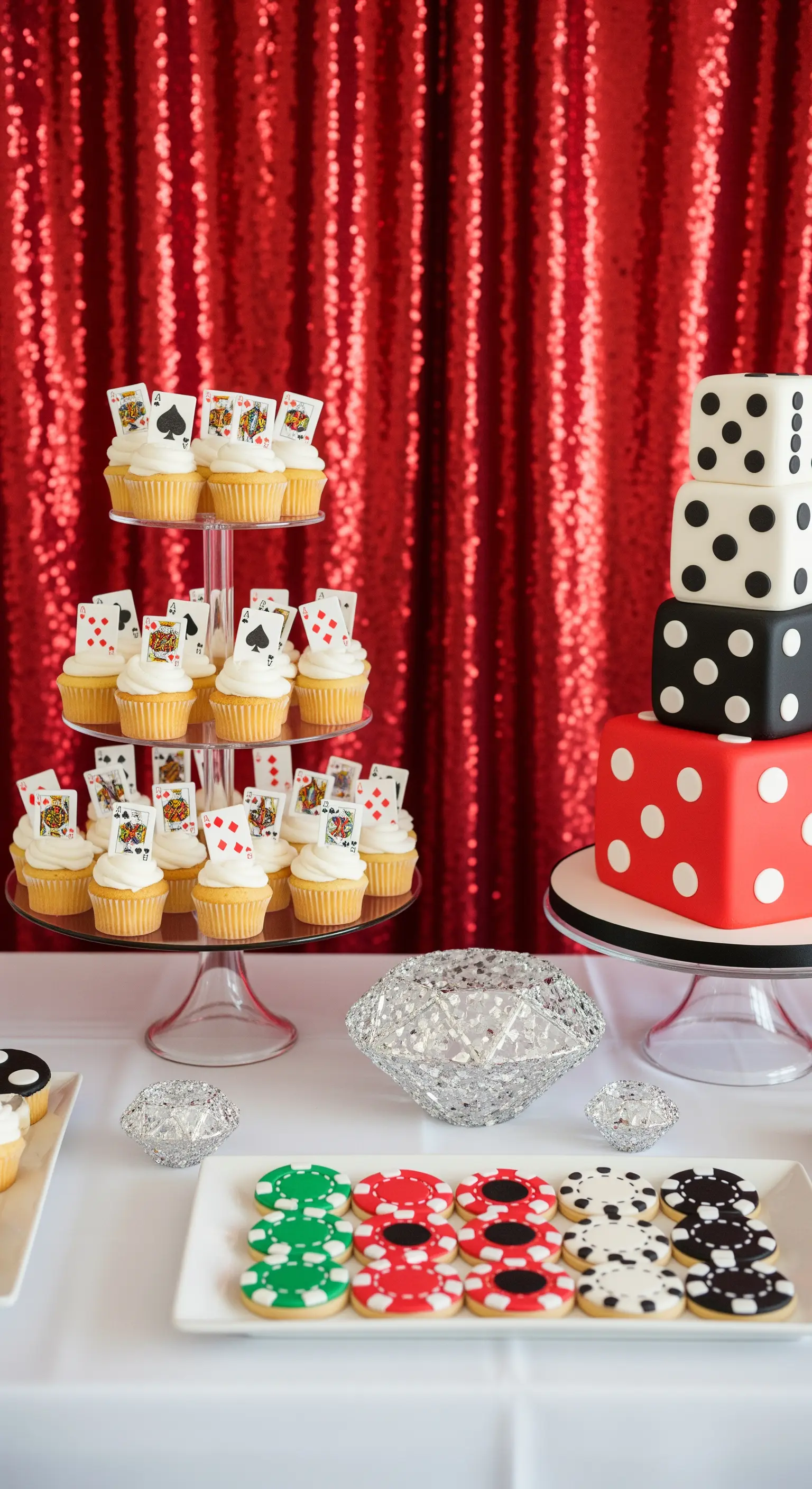 Tavolo di dolci a tema casinò con torta a forma di dadi e cupcake decorati con carte.