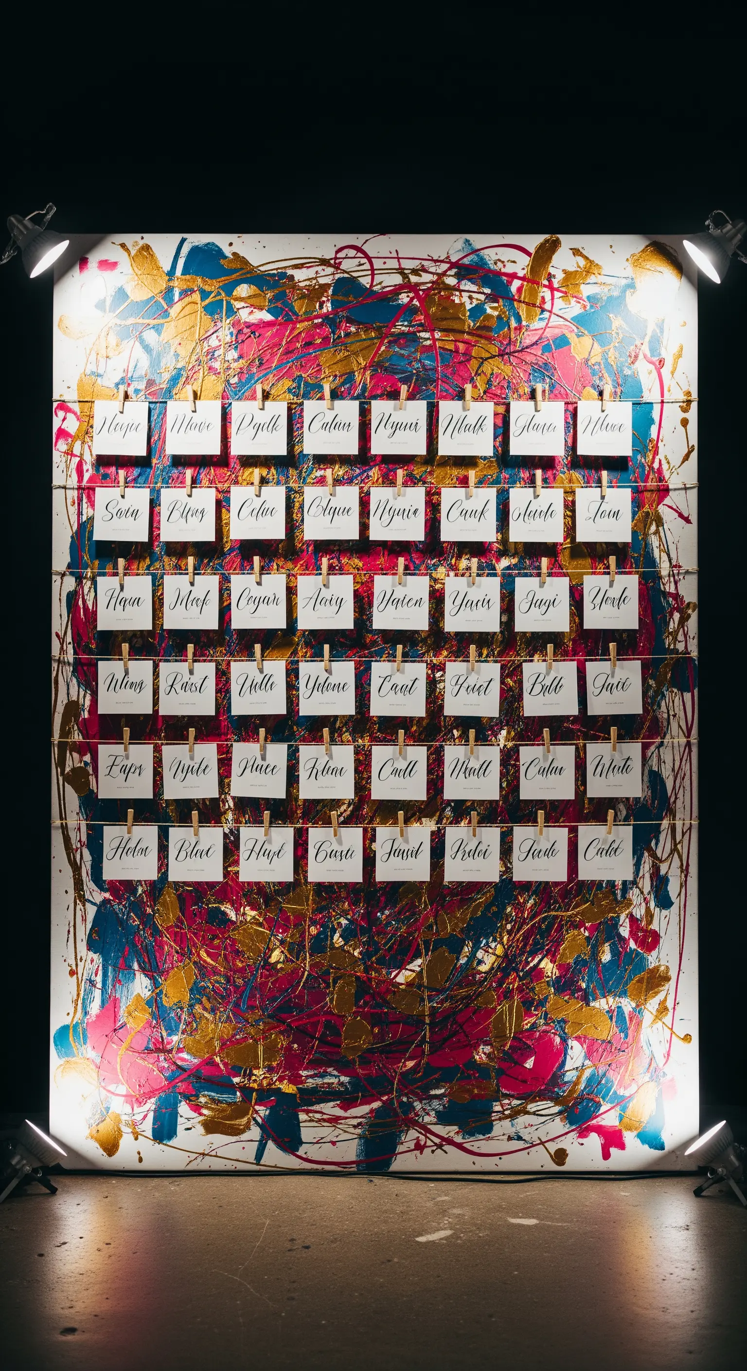 Tableau de mariage artistico con schizzi di vernice dorata, blu e fucsia su una grande tela.