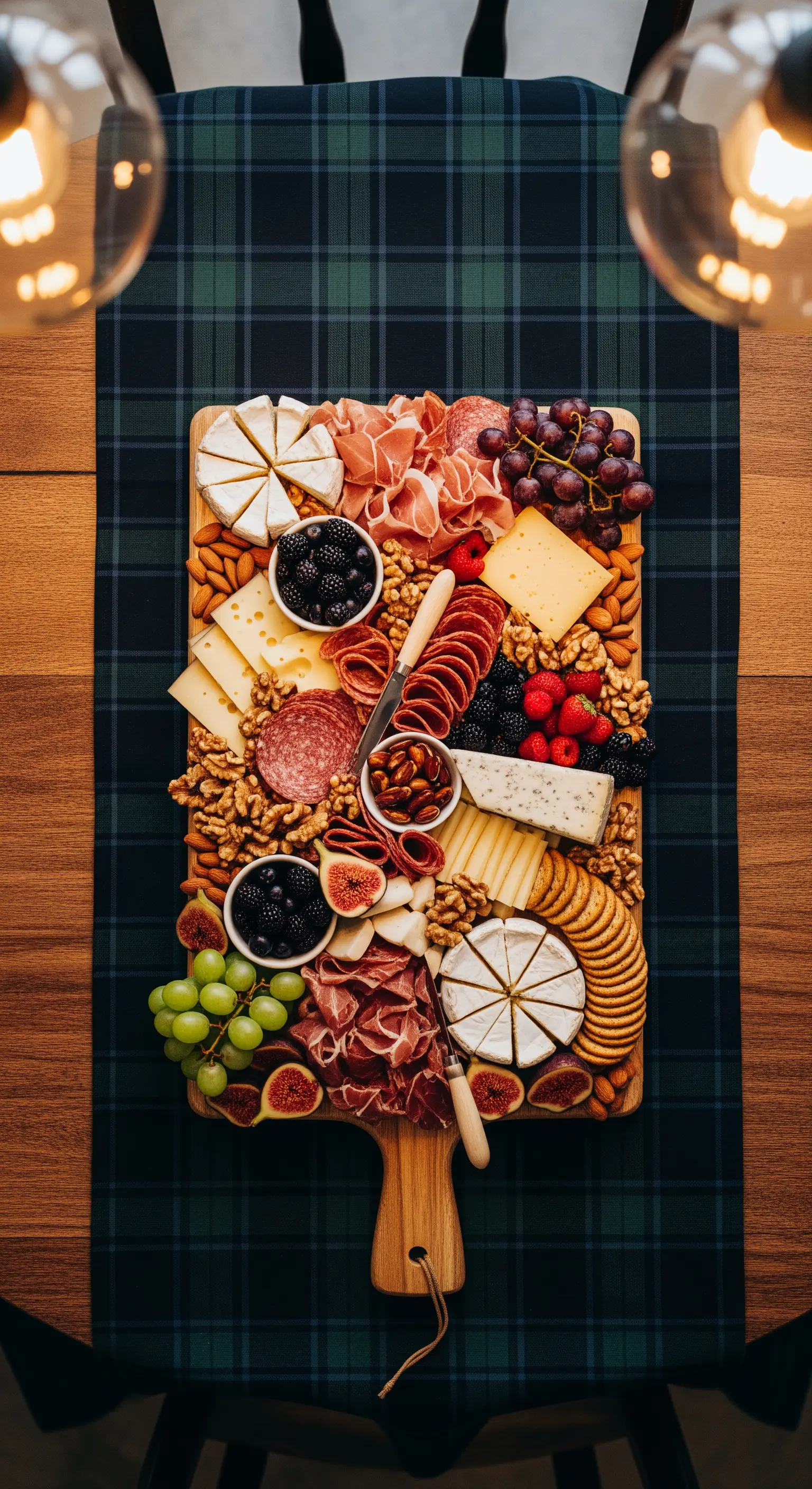 Tagliere di salumi, formaggi e frutta su un runner da tavola con motivo scozzese.