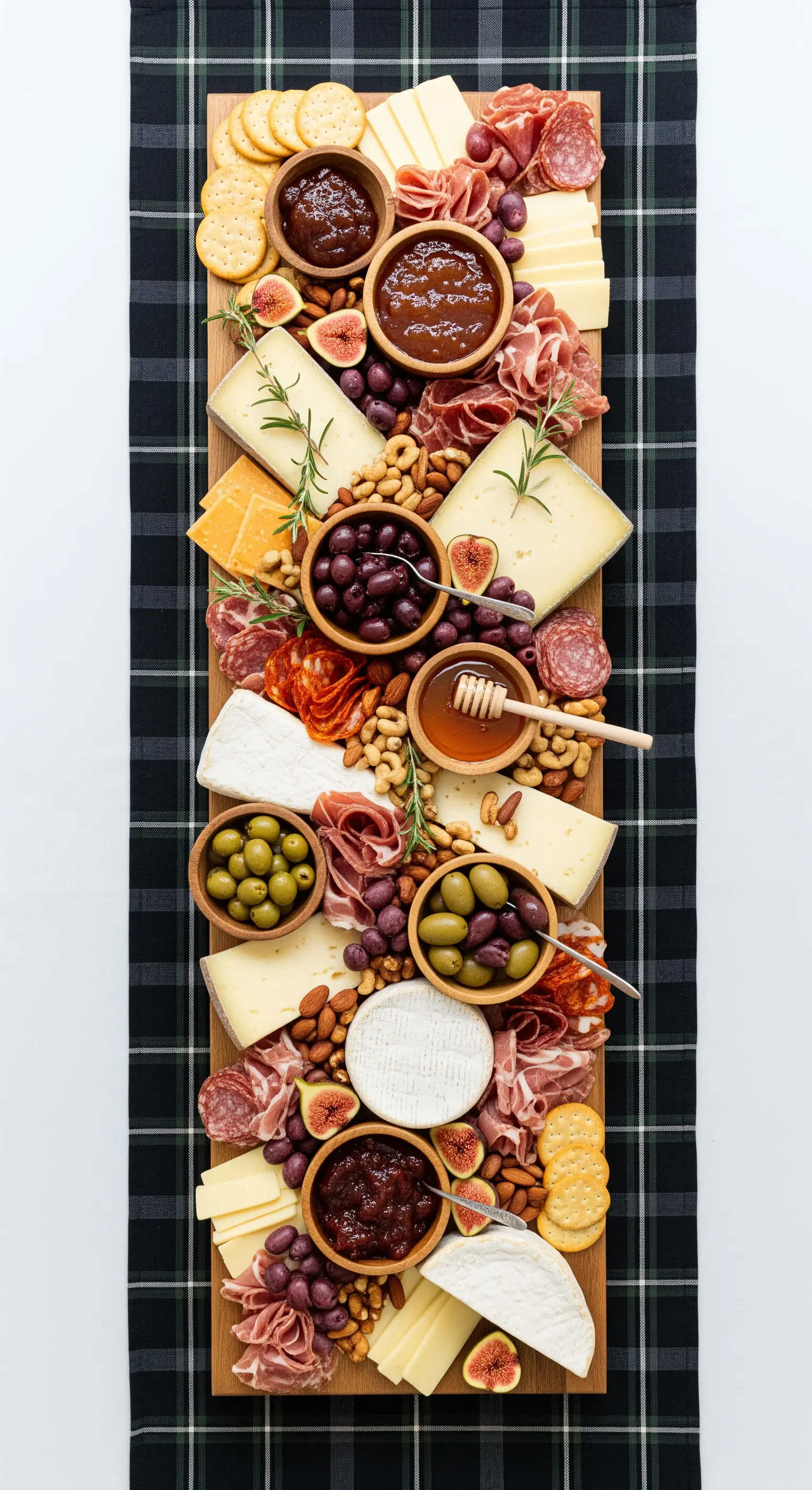 Lungo tagliere di salumi e formaggi disposto su un runner con fantasia scozzese verde e blu.