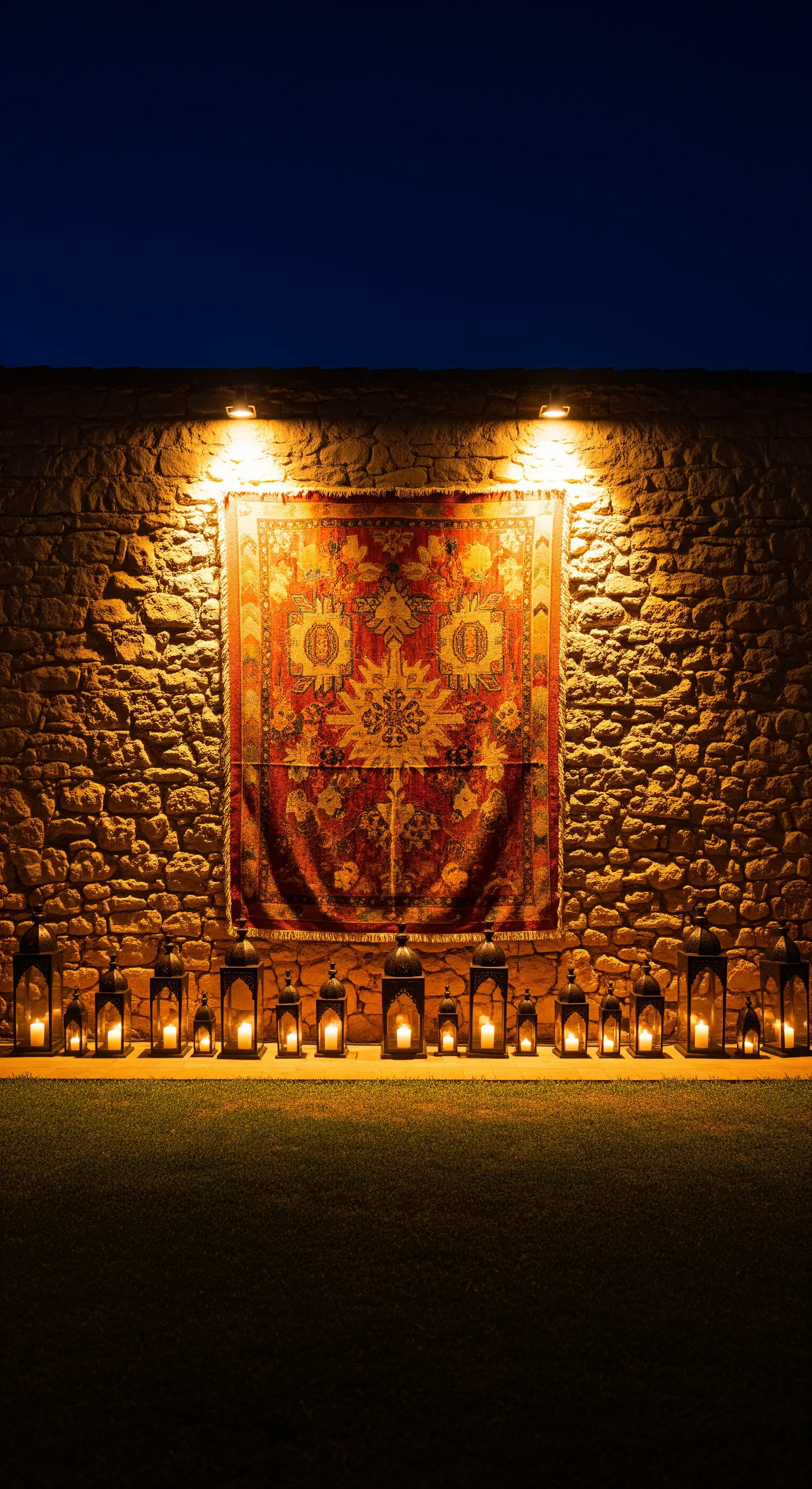 Tappeto kilim appeso a una parete di pietra e illuminato da una fila di lanterne.