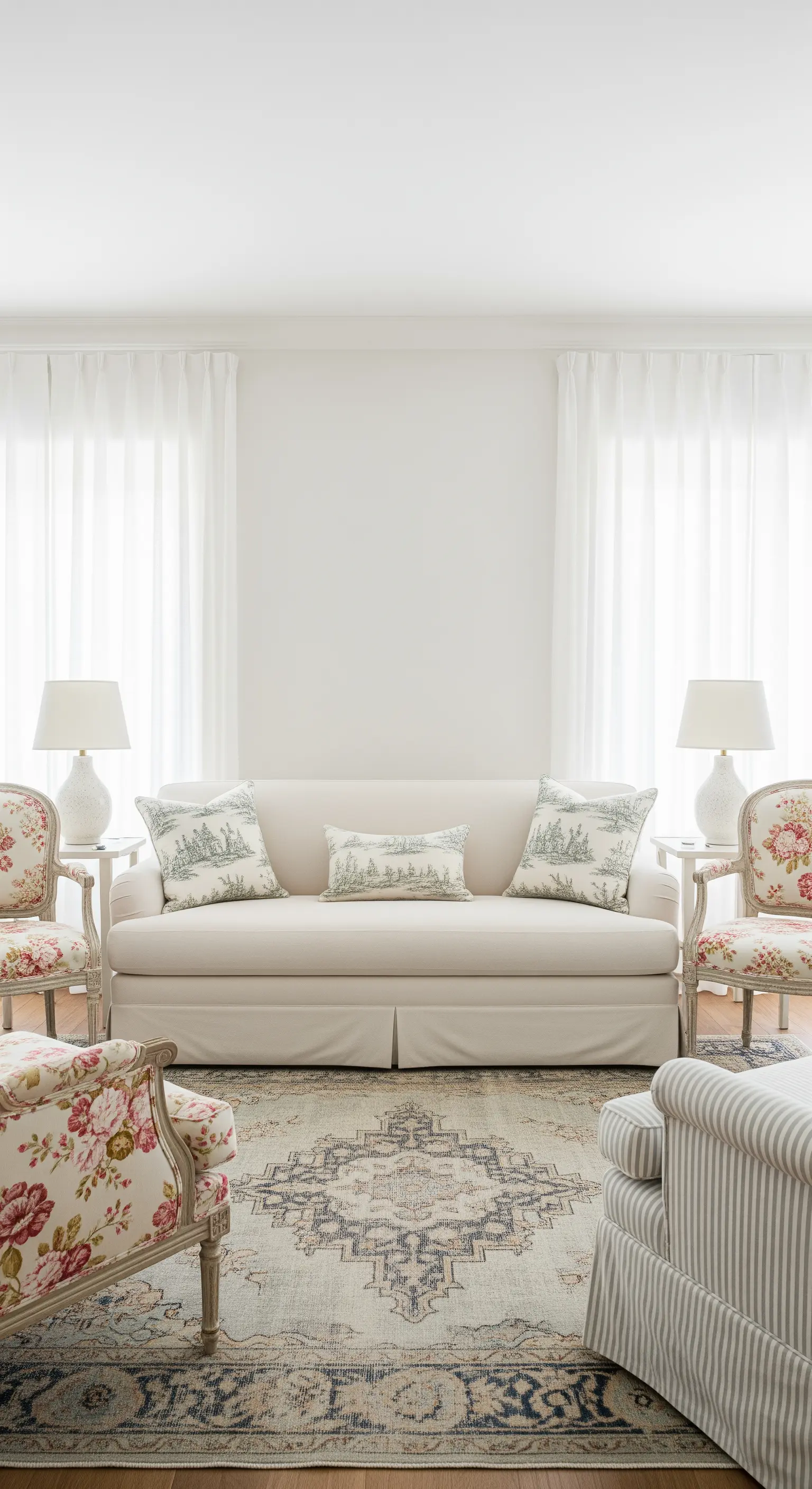Soggiorno eclettico con divano neutro e poltrone con stampe floreali e a righe.