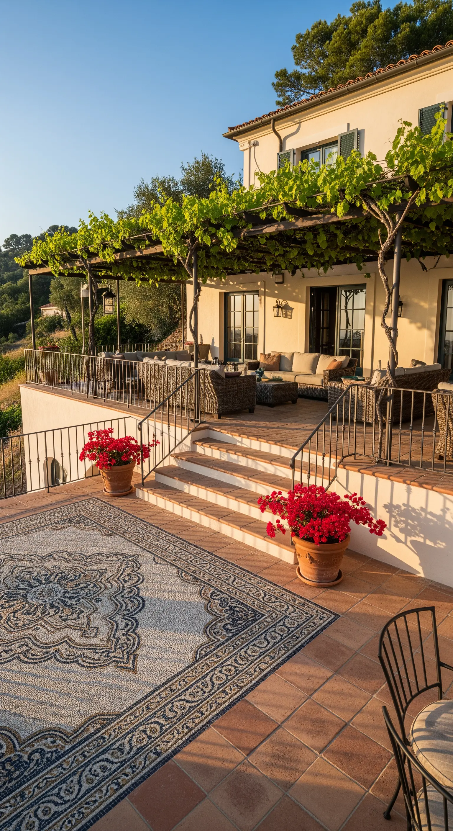 Grande terrazza in cotto con un mosaico a tappeto e arredi in vimini.