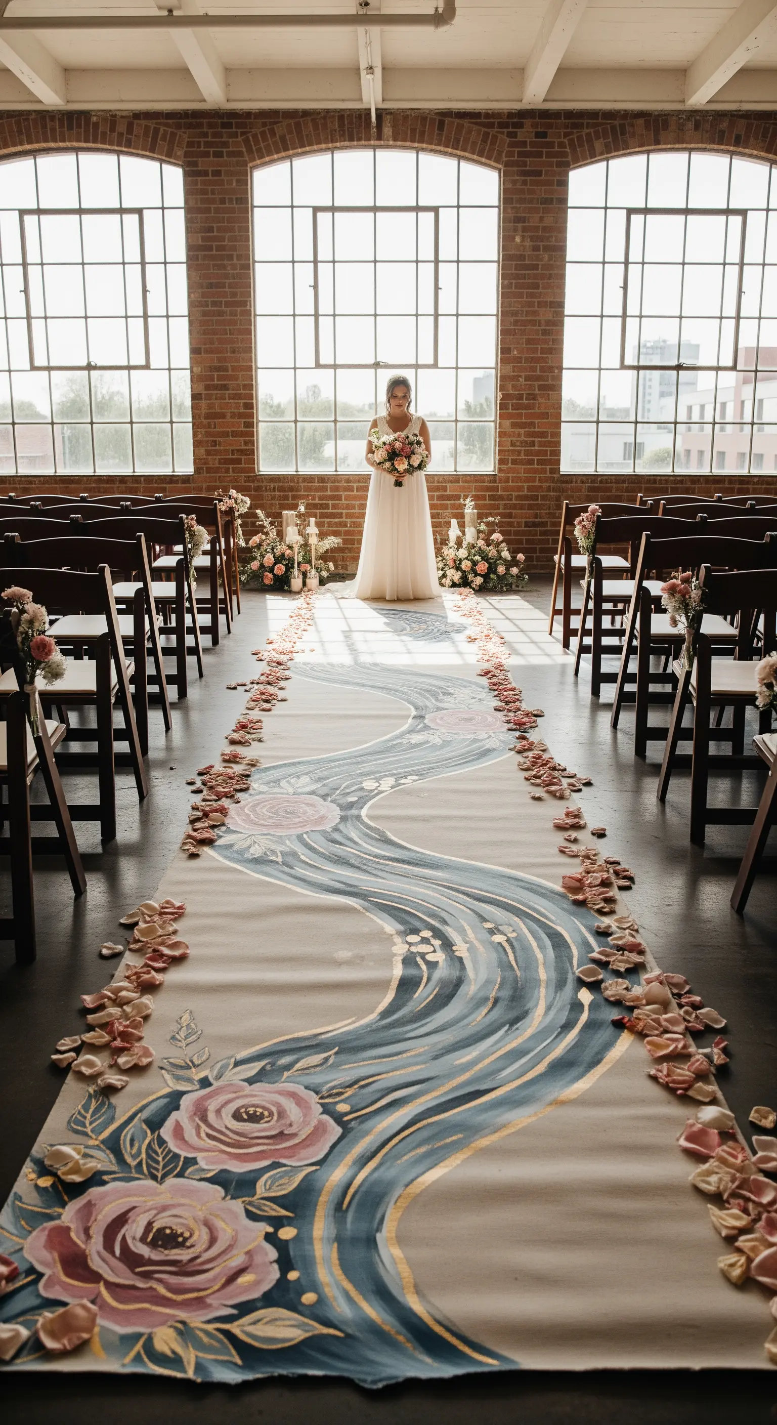 Tappeto nuziale in tessuto dipinto a mano con un motivo floreale astratto in rosa e blu.