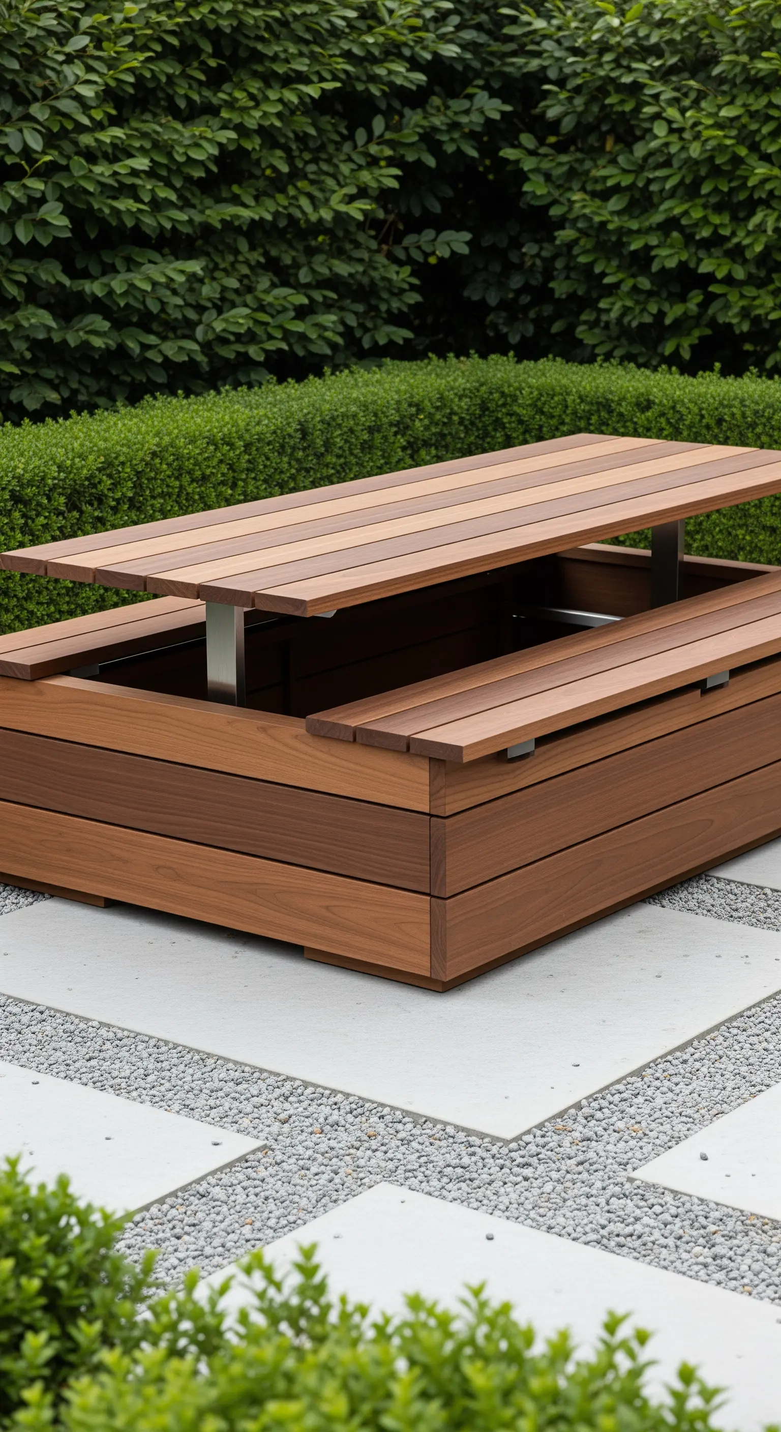 Moderno tavolino da esterno in legno con piano sollevabile che nasconde un vano contenitore.