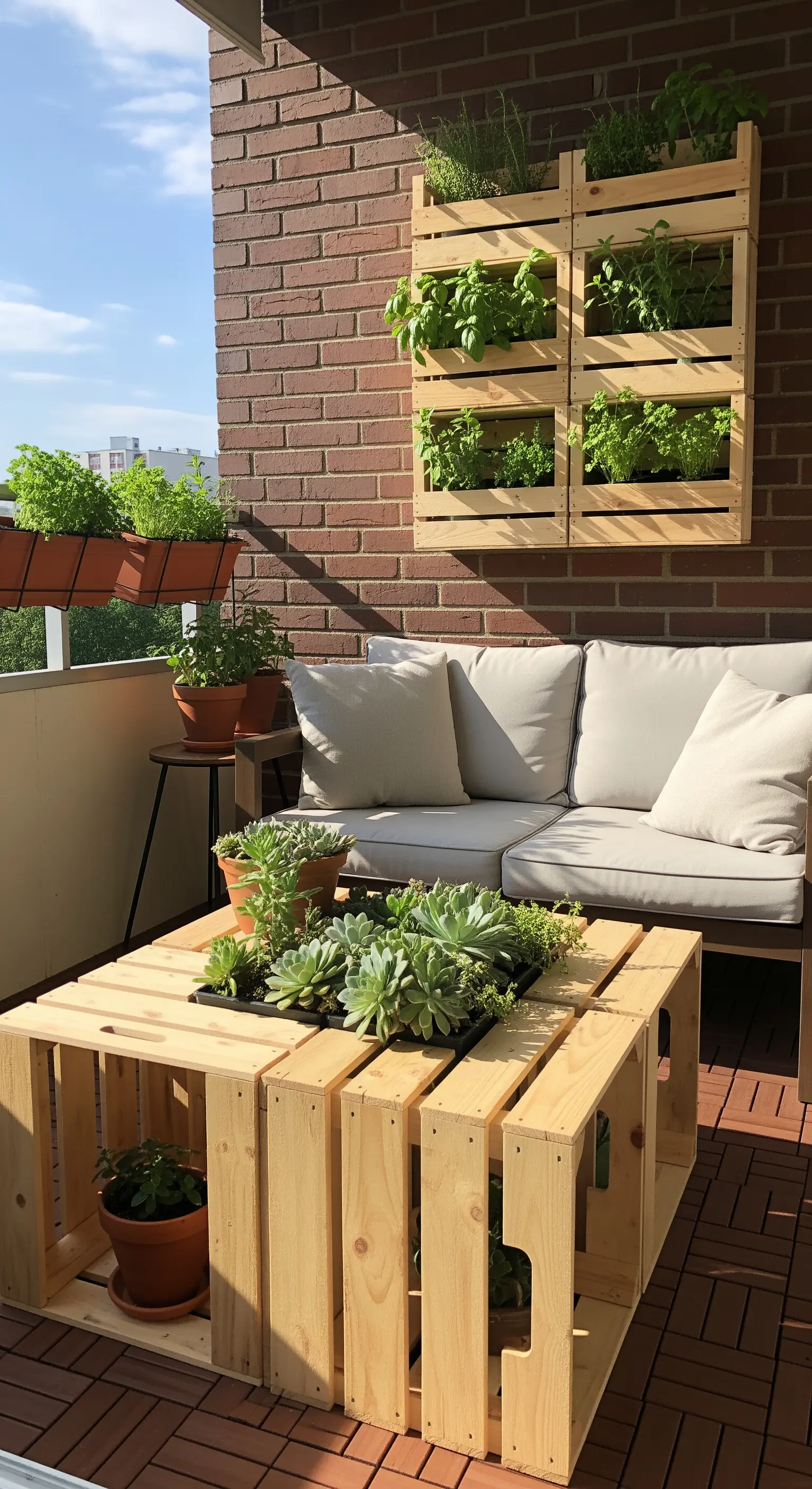 Tavolino da balcone fatto con cassette di legno che ospita piante grasse al centro
