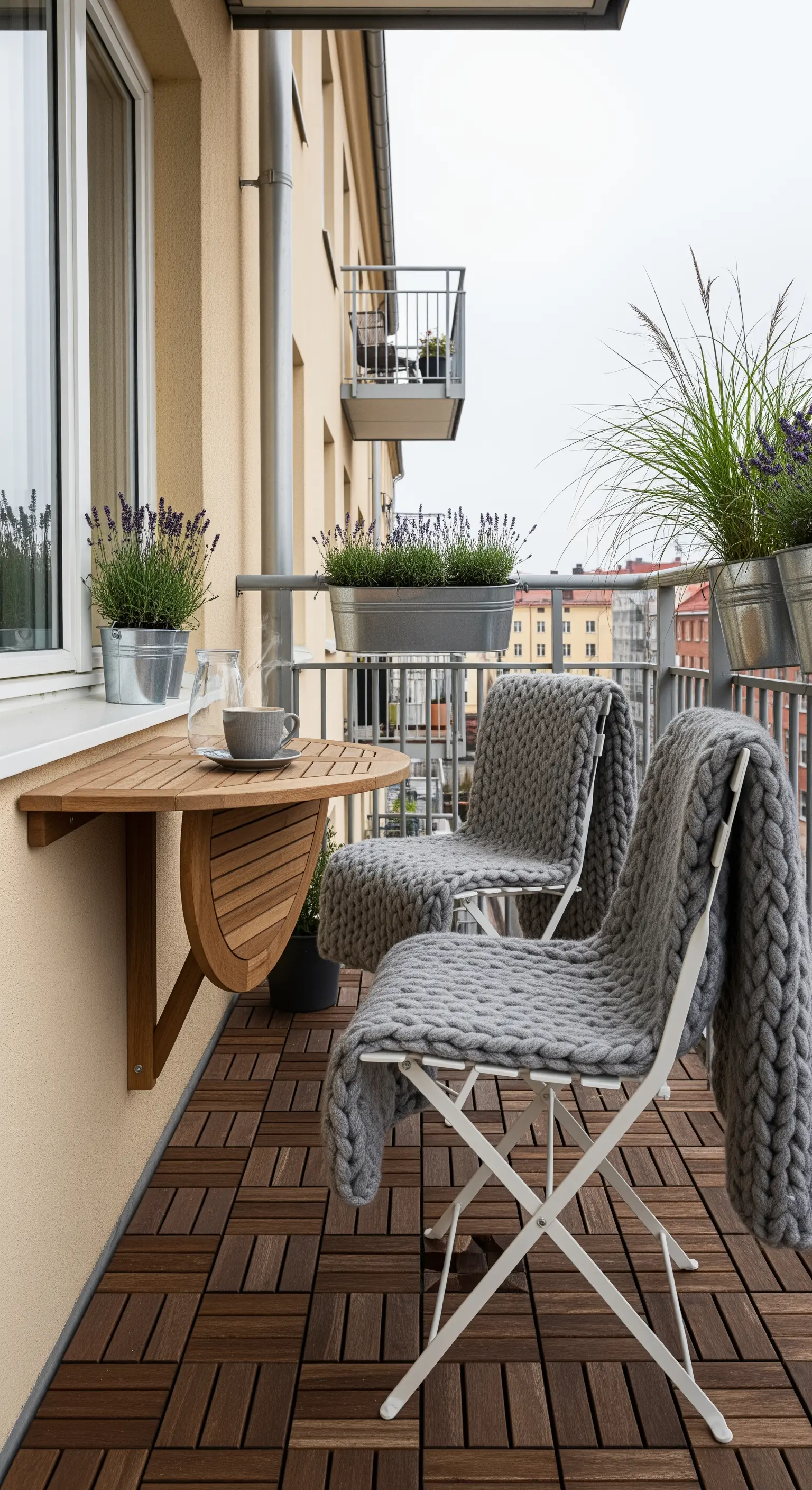 Balcone scandinavo con tavolo a muro pieghevole e coperte di lana grigie.