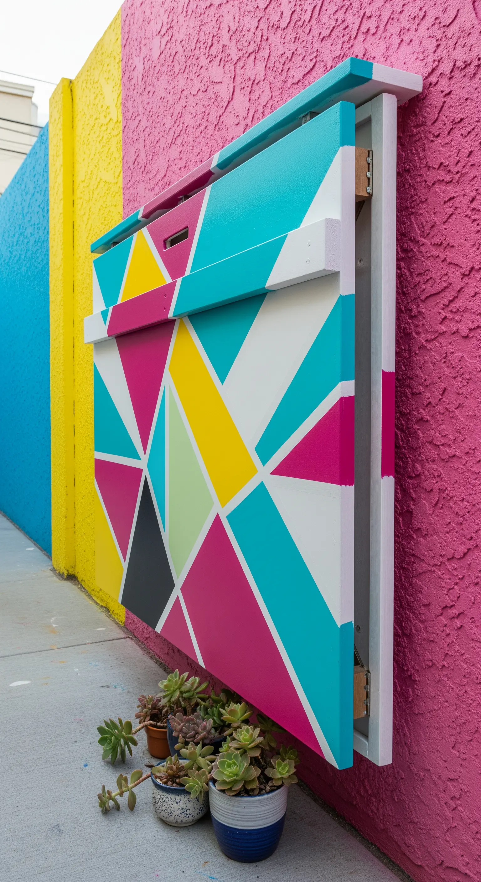 Tavolo pieghevole a parete dipinto con un vivace motivo geometrico in rosa, giallo e turchese.