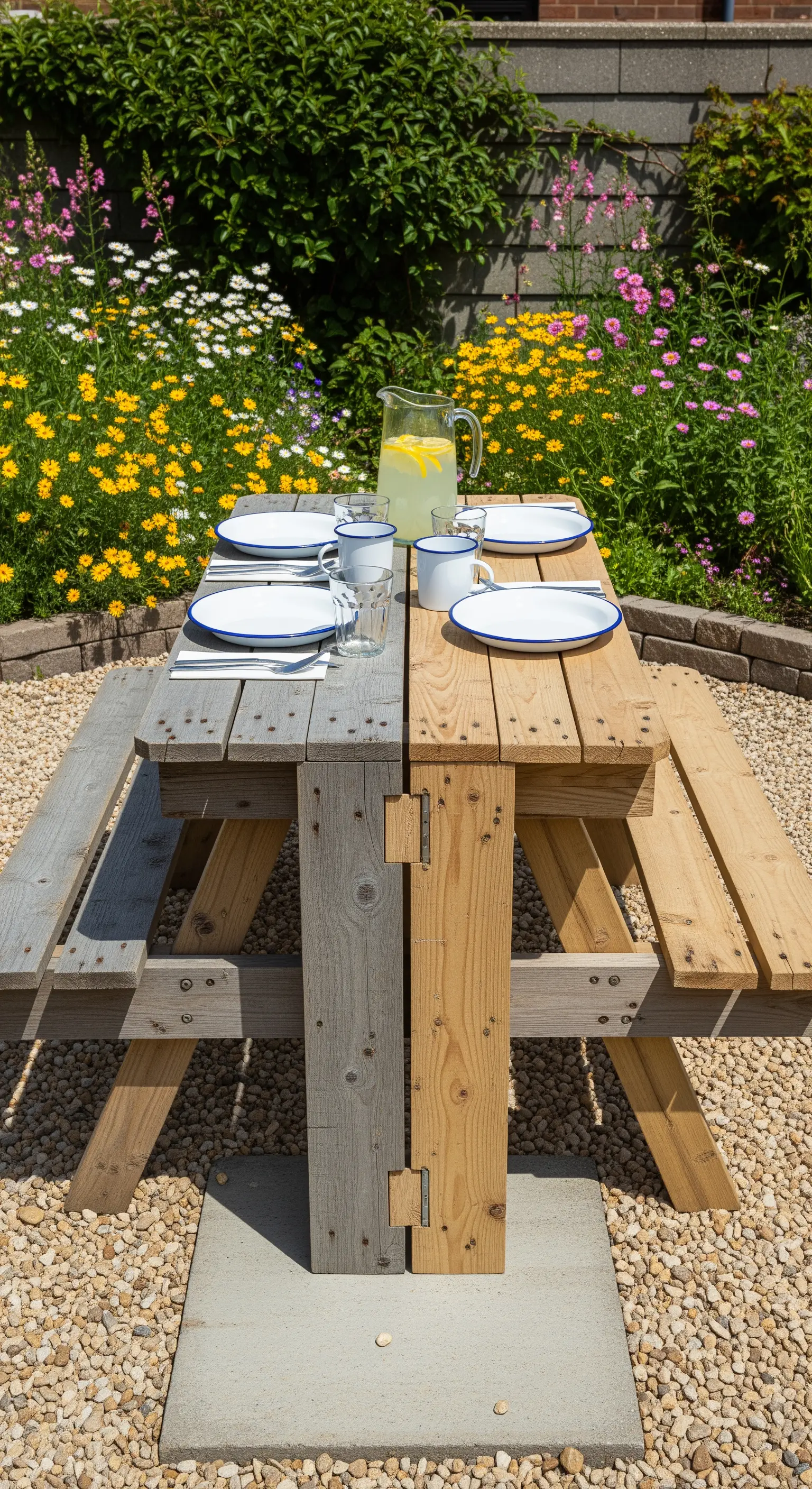 Tavolo da picnic pieghevole con due finiture di legno a contrasto, grigio e naturale.