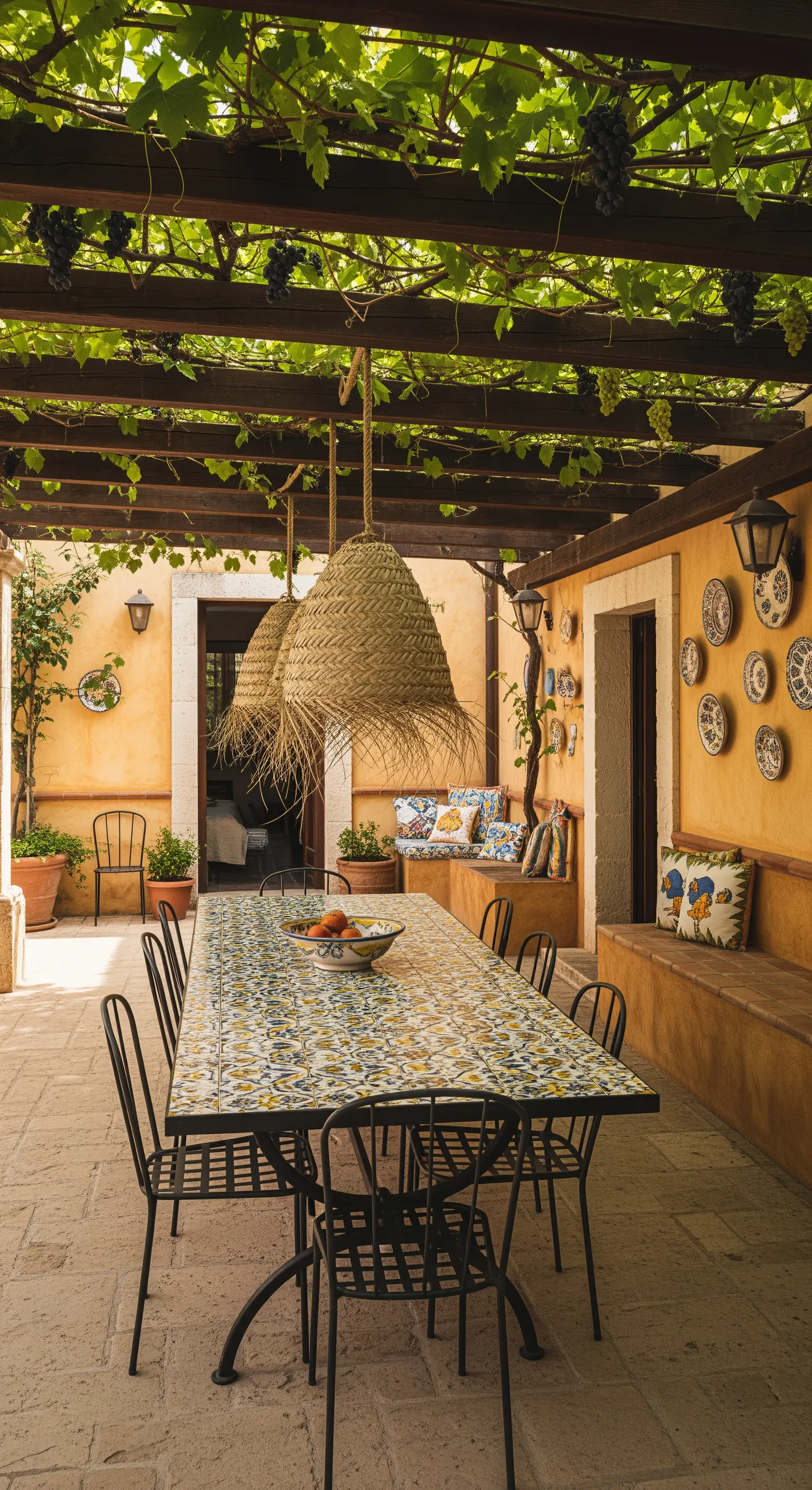 Lungo tavolo con piano in maioliche decorate sotto un pergolato in un patio color ocra