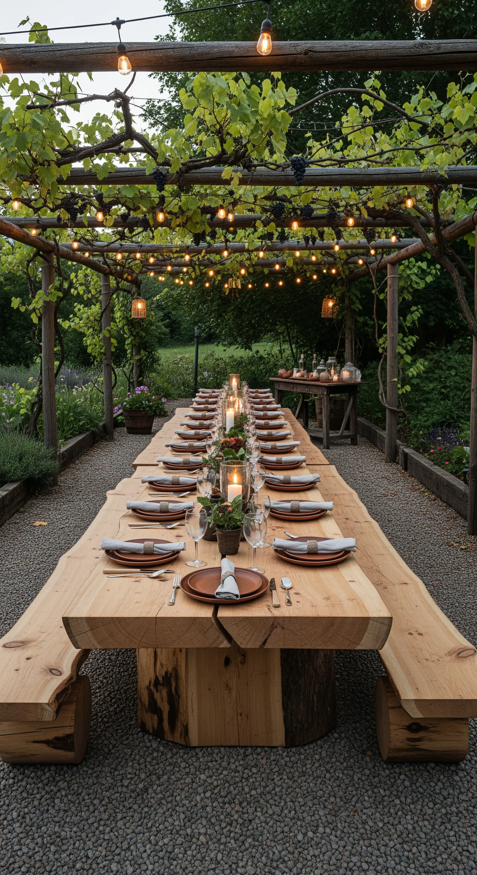 Lungo tavolo da pranzo in legno massiccio con panche abbinate, allestito per una cena sotto un pergolato.