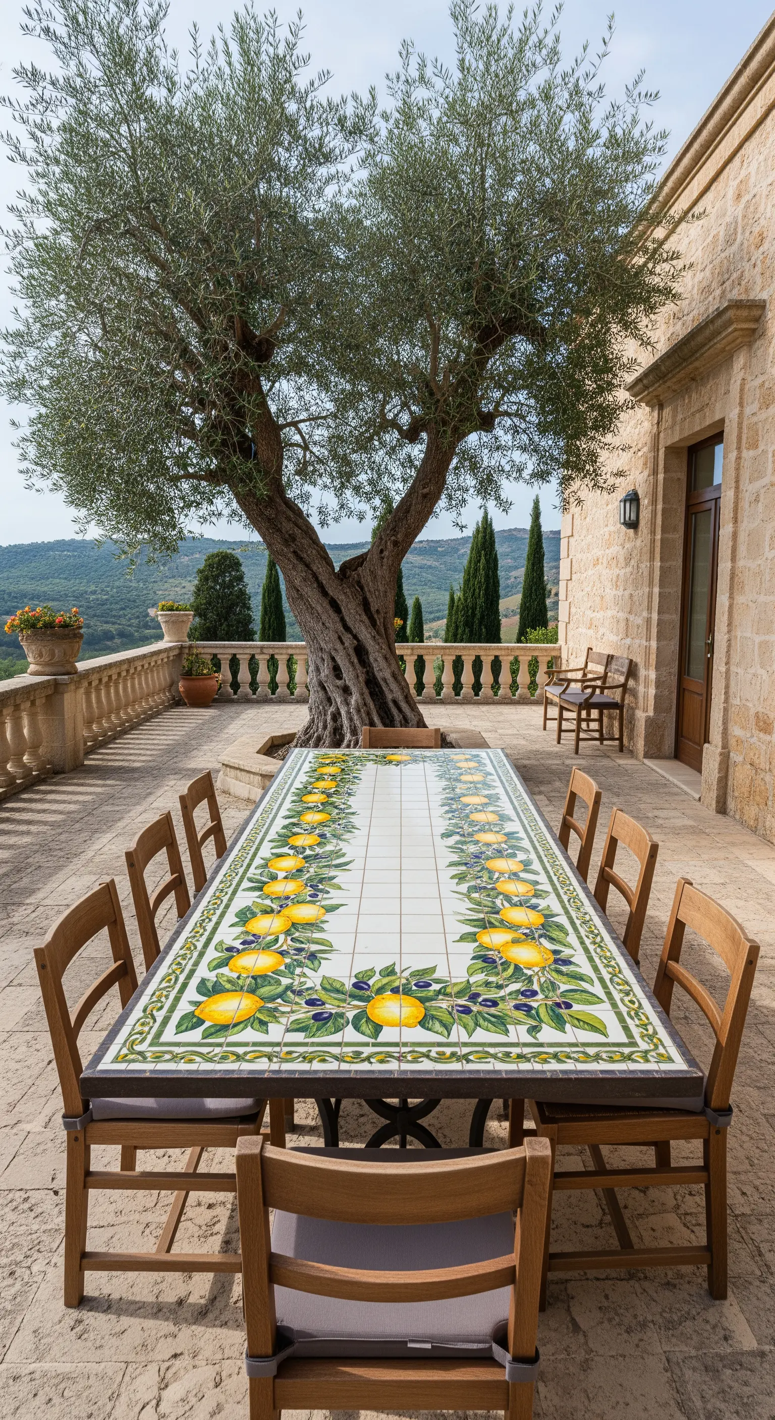Grande tavolo da pranzo in mosaico con decoro di limoni sotto un ulivo secolare.