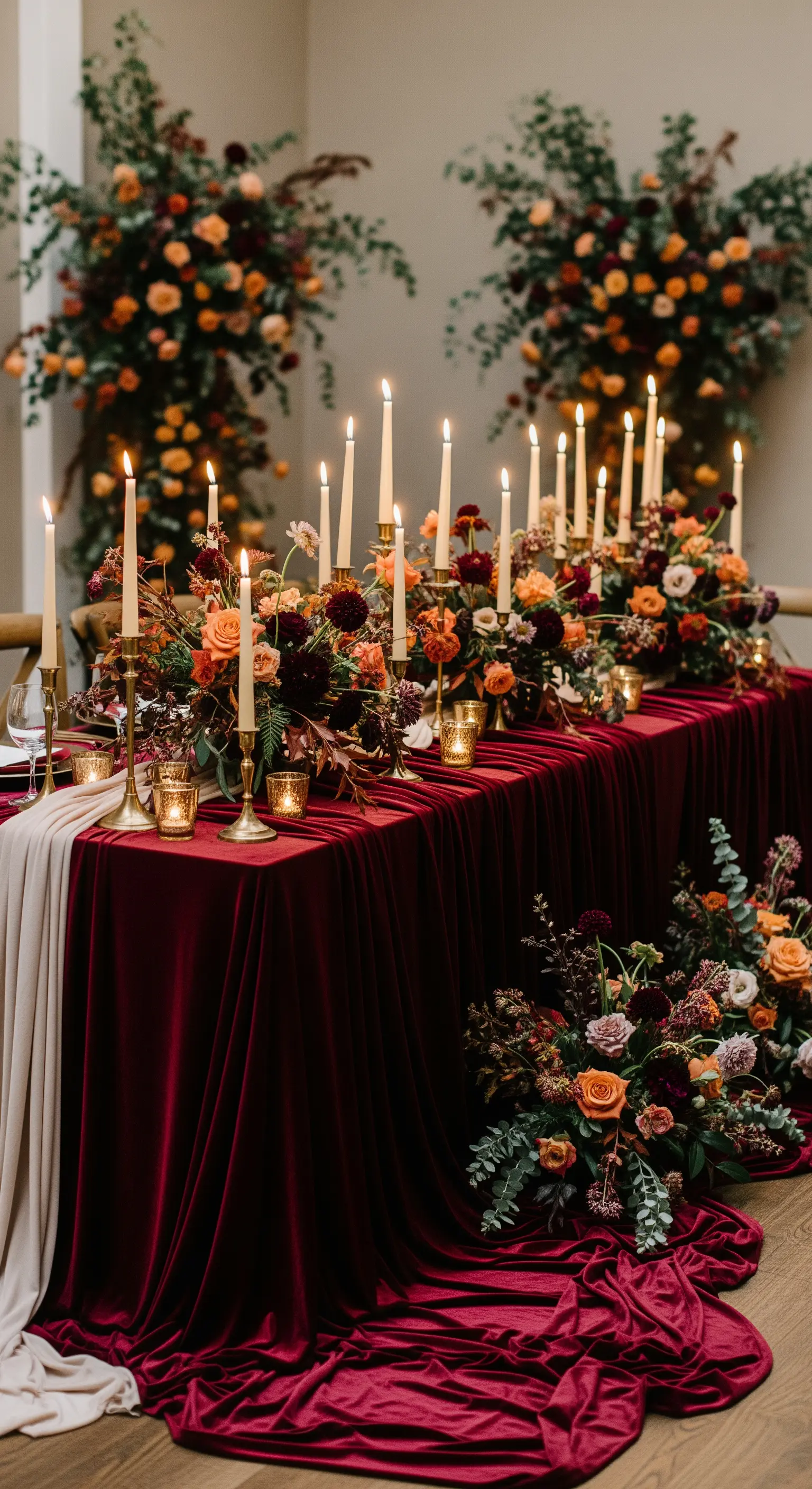 Tavolo d'onore con tovaglia in velluto bordeaux, candelabri e ricche composizioni floreali.