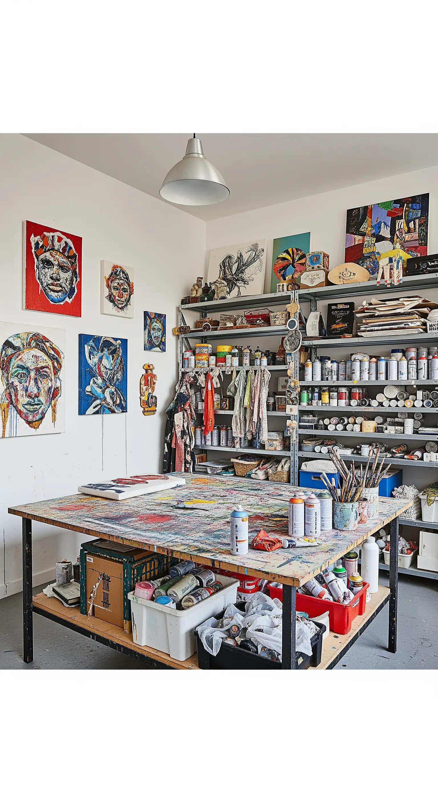 Grande tavolo da lavoro macchiato di vernice in uno studio d'artista disordinato ma funzionale.