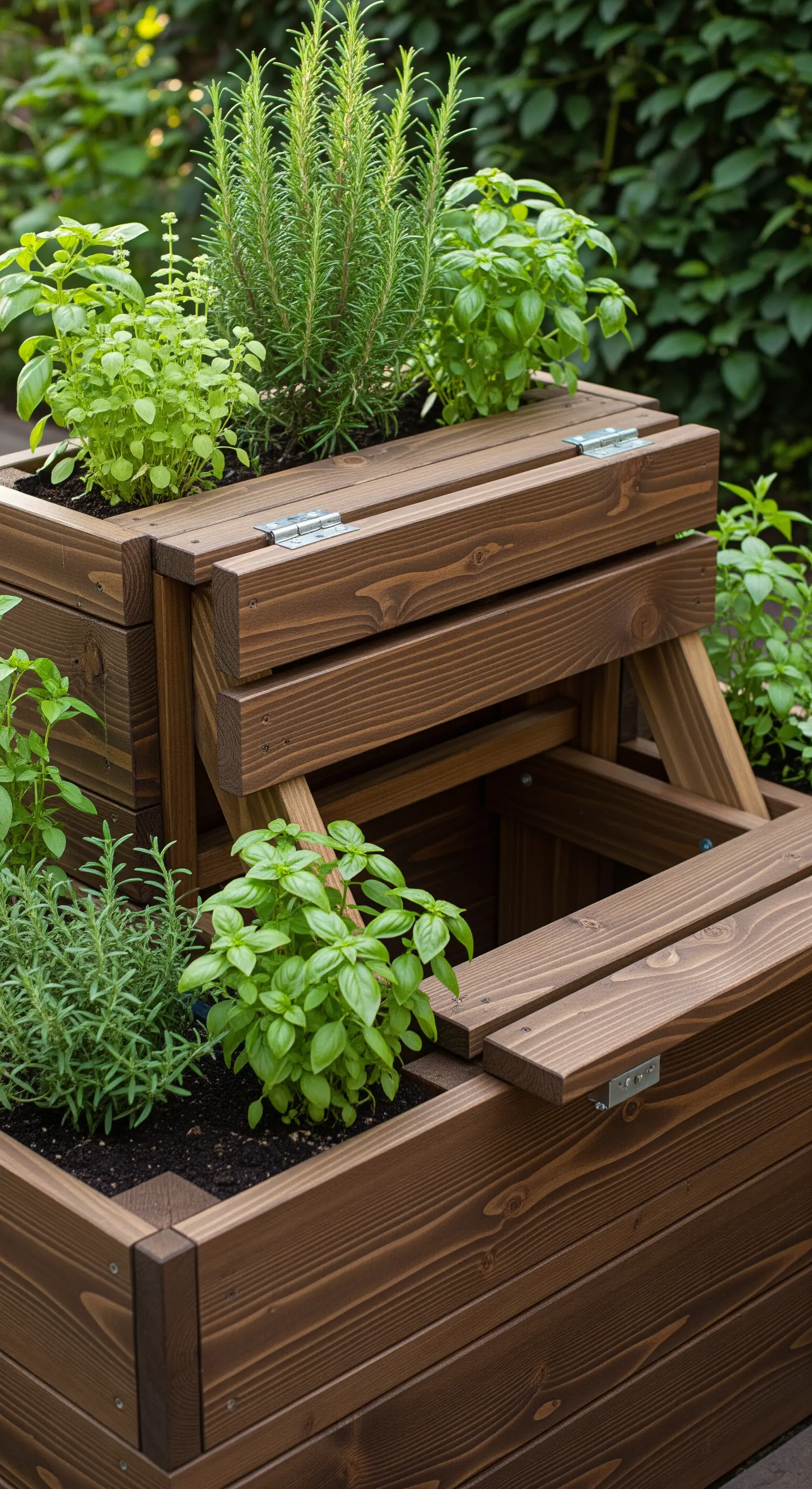 Fioriera in legno scuro che si apre per rivelare un piccolo tavolo da picnic integrato.