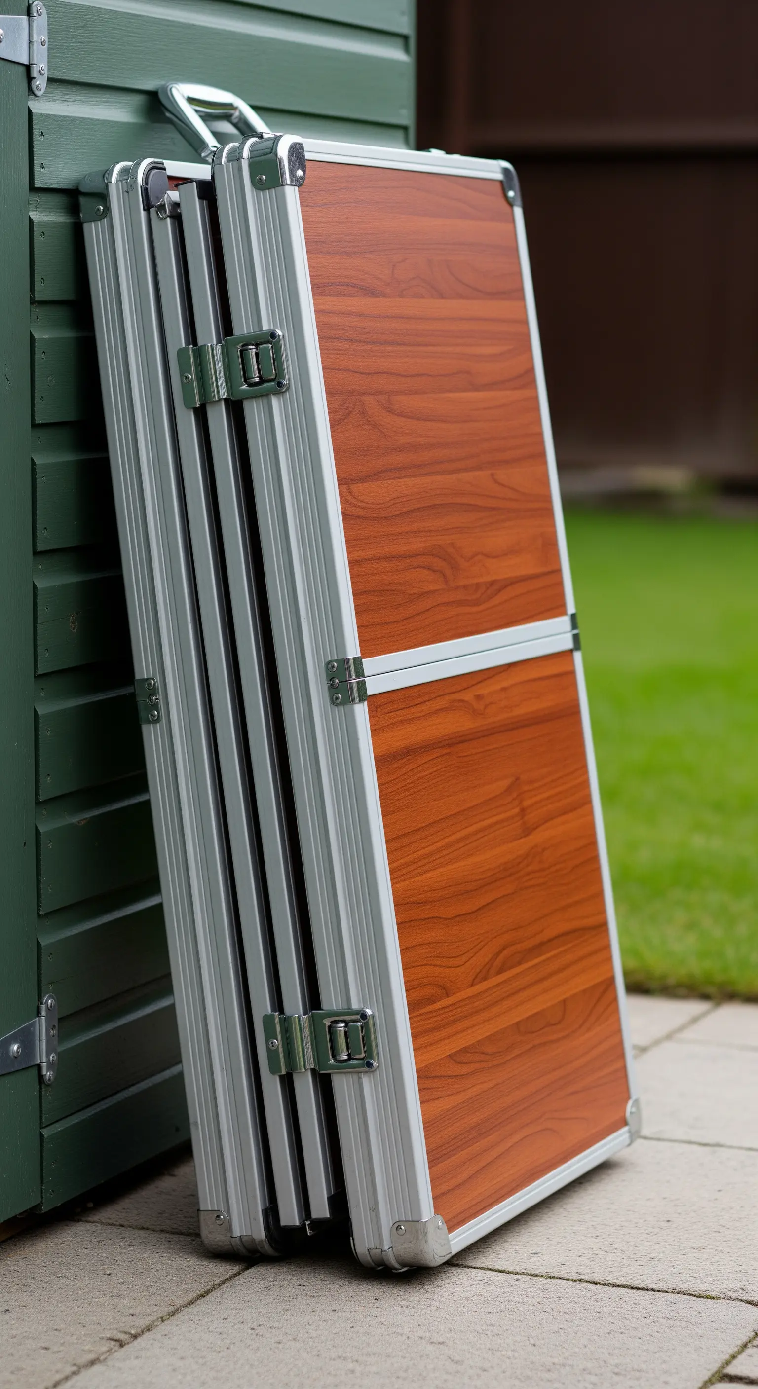 Tavolo da campeggio pieghevole con finitura in finto legno, chiuso come una valigetta.