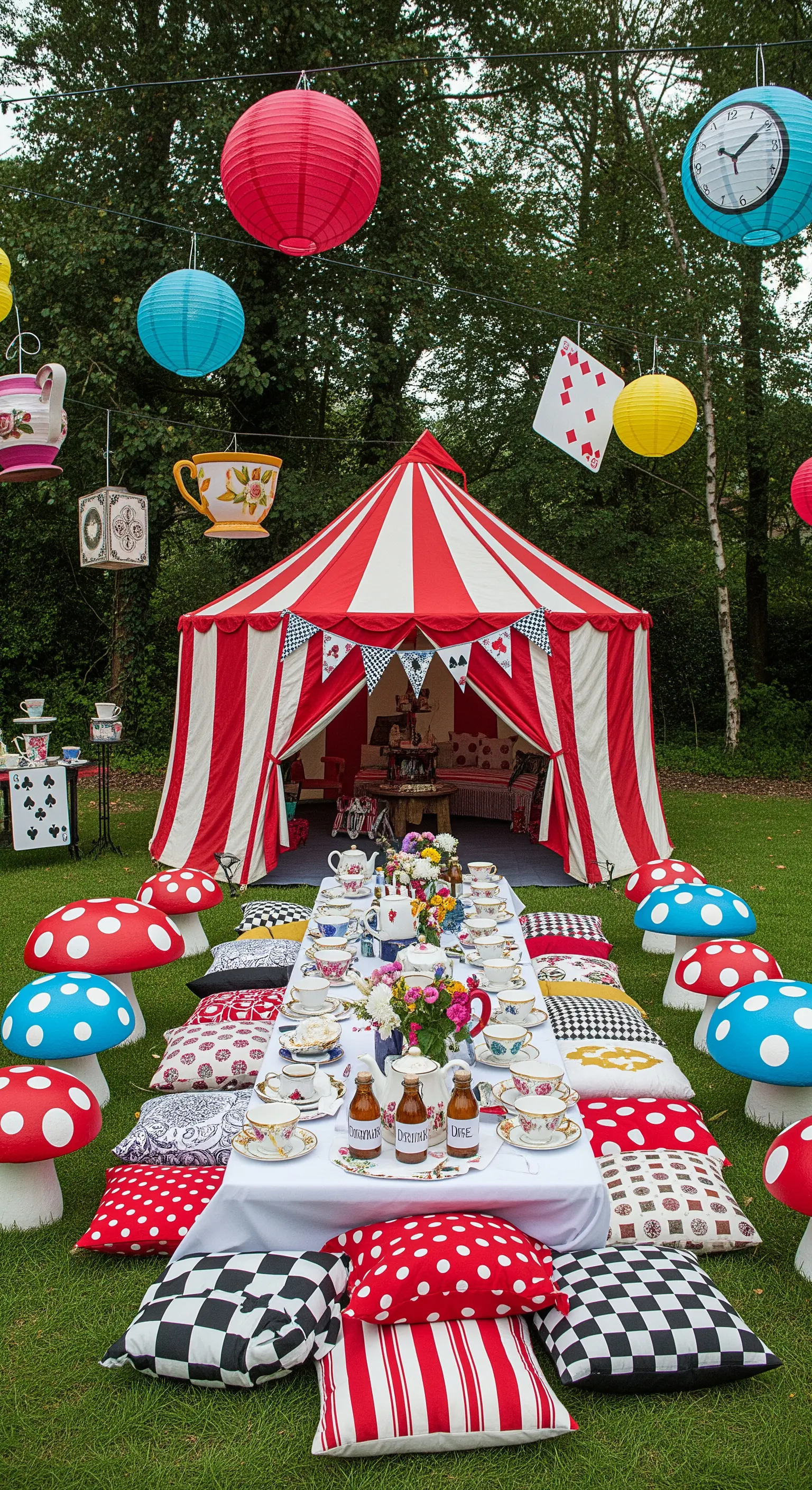 Festa a tema Alice nel Paese delle Meraviglie con tenda da circo e cuscini a forma di fungo.