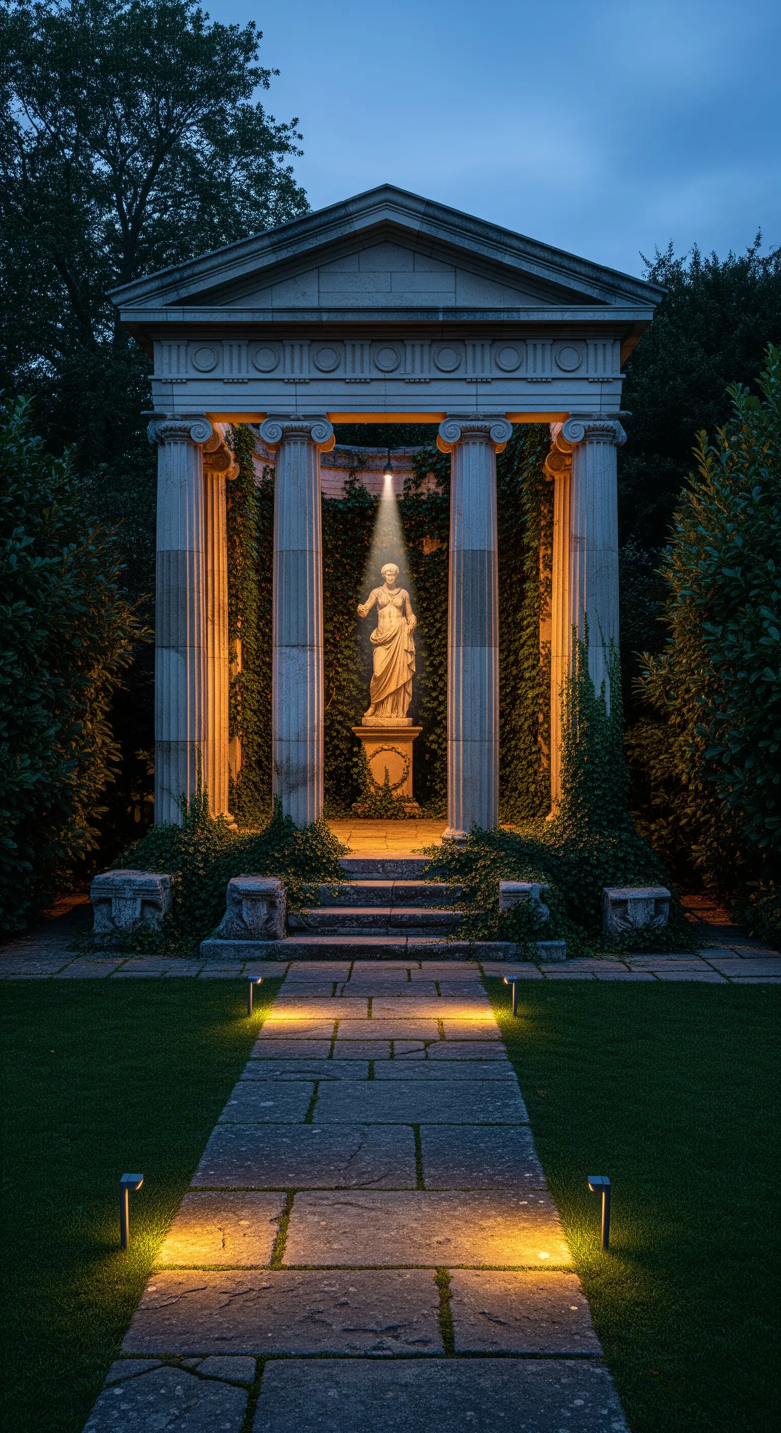 Tempio neoclassico con colonne e statua, illuminato scenograficamente di notte in un parco.