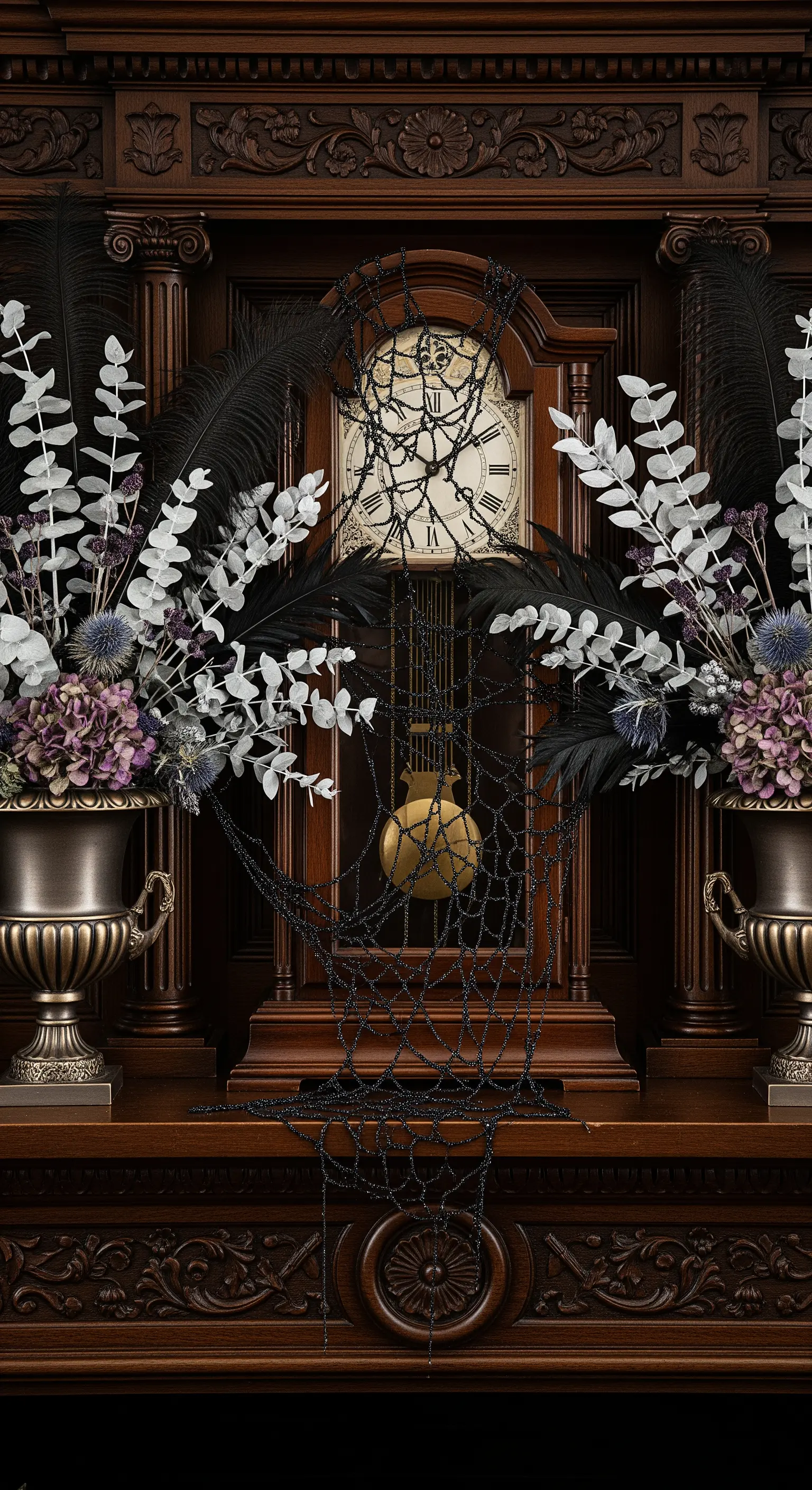 Orologio a pendolo decorato con ragnatela di perline e composizioni floreali secche.