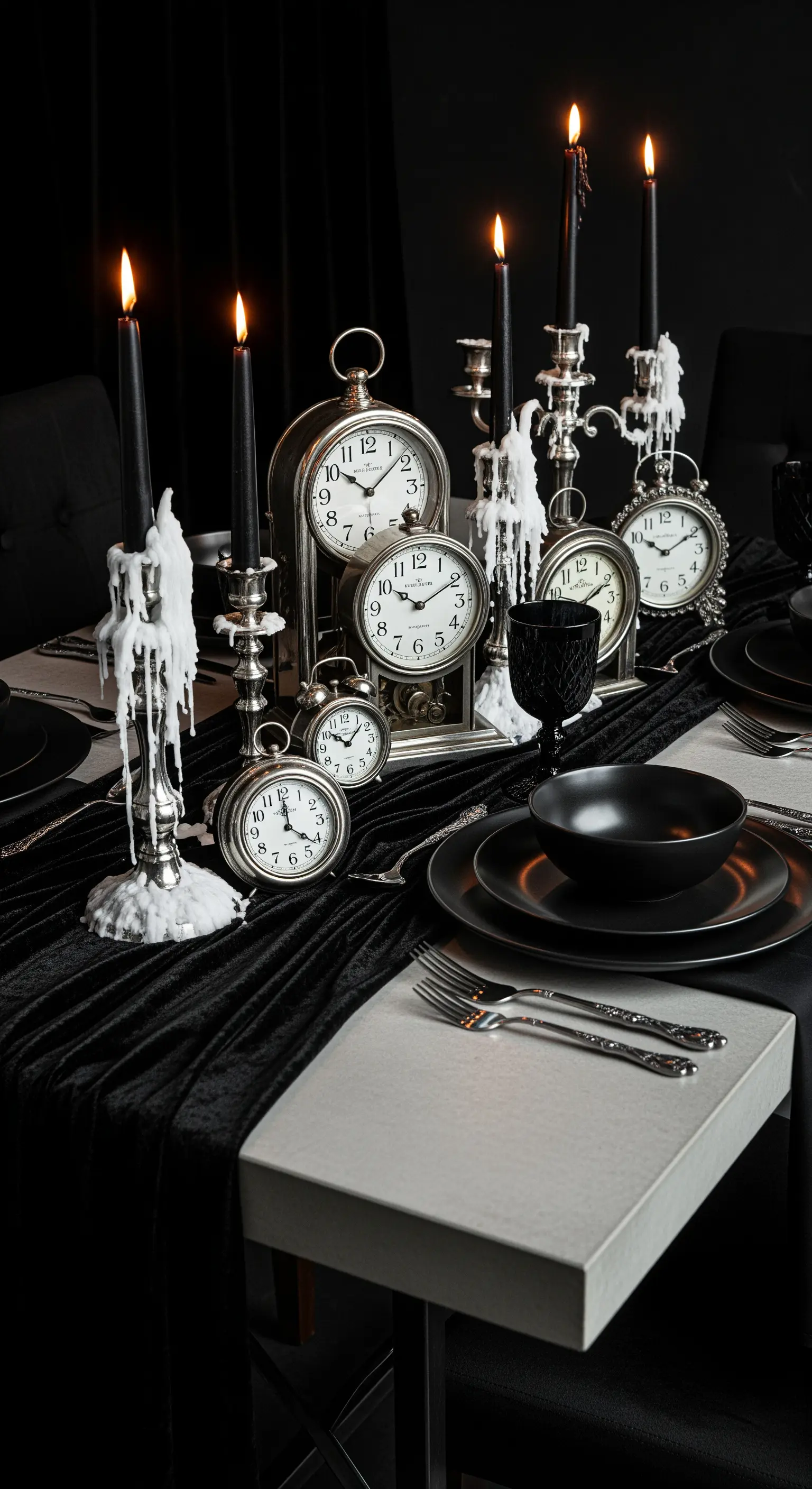 Centrotavola con orologi d'epoca e candele nere su una tovaglia di velluto.
