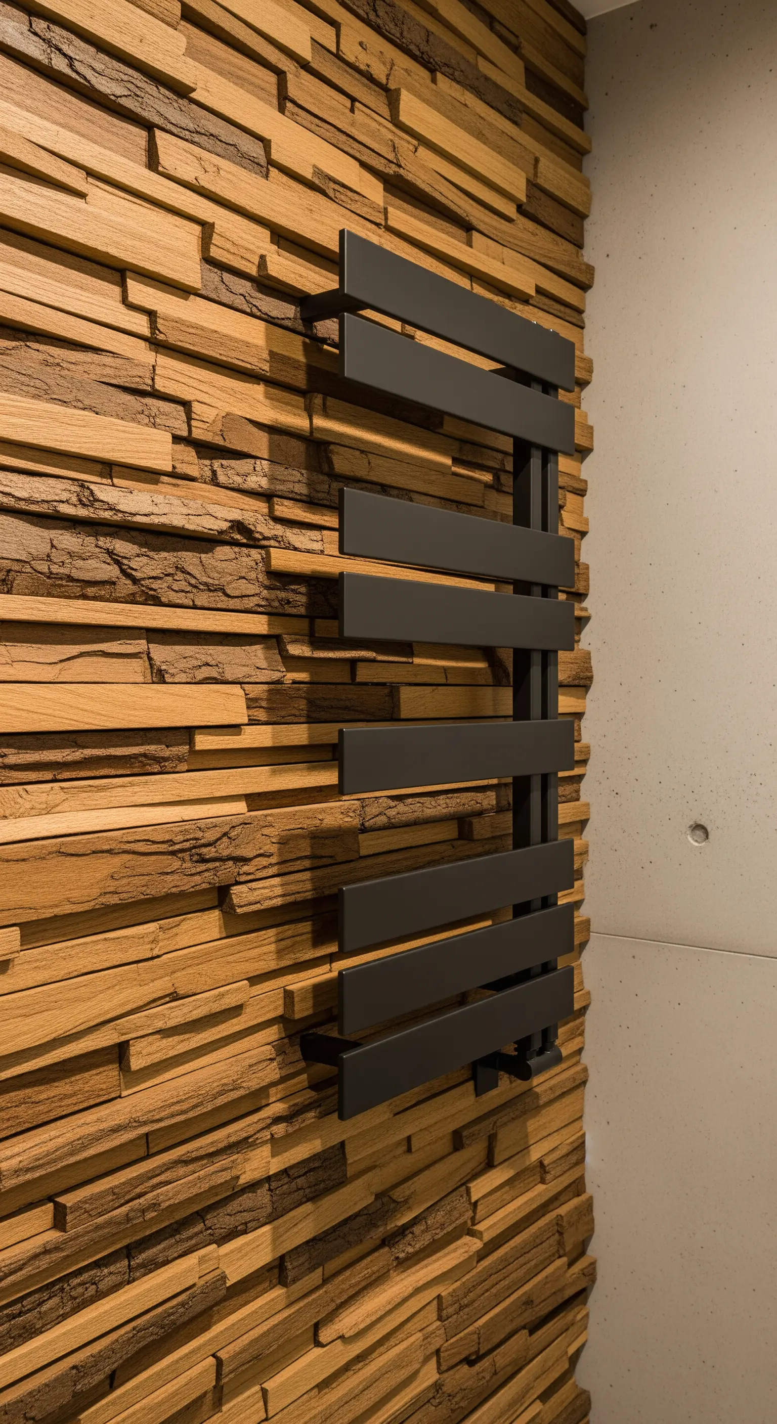 Termoarredo di design nero montato su una parete rivestita in legno texturizzato.