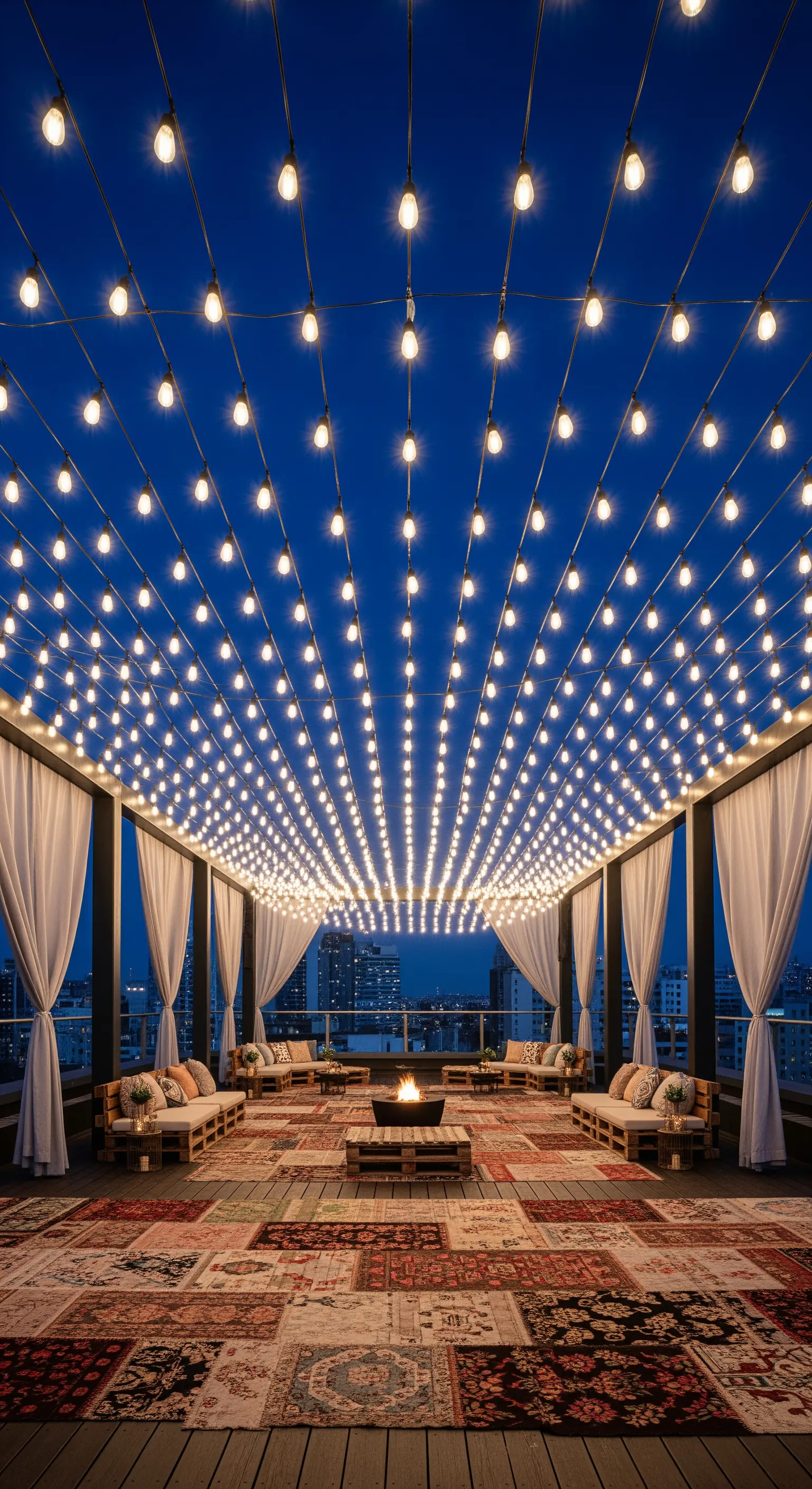 Terrazza panoramica con un soffitto di lucine, divani in pallet e tappeti patchwork.