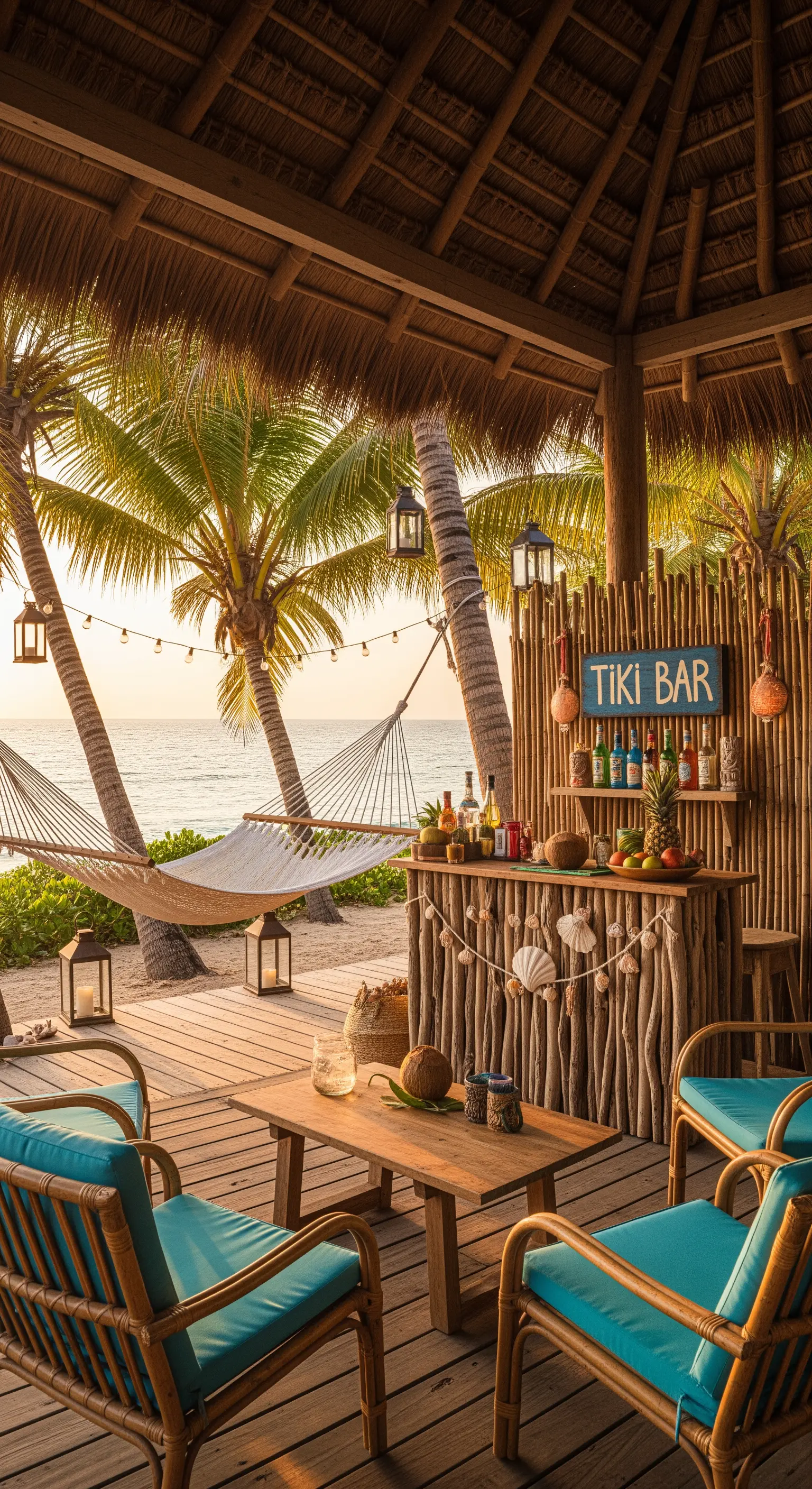 Tiki bar in legno e bambù su un patio di legno, con amaca e vista mare al tramonto.