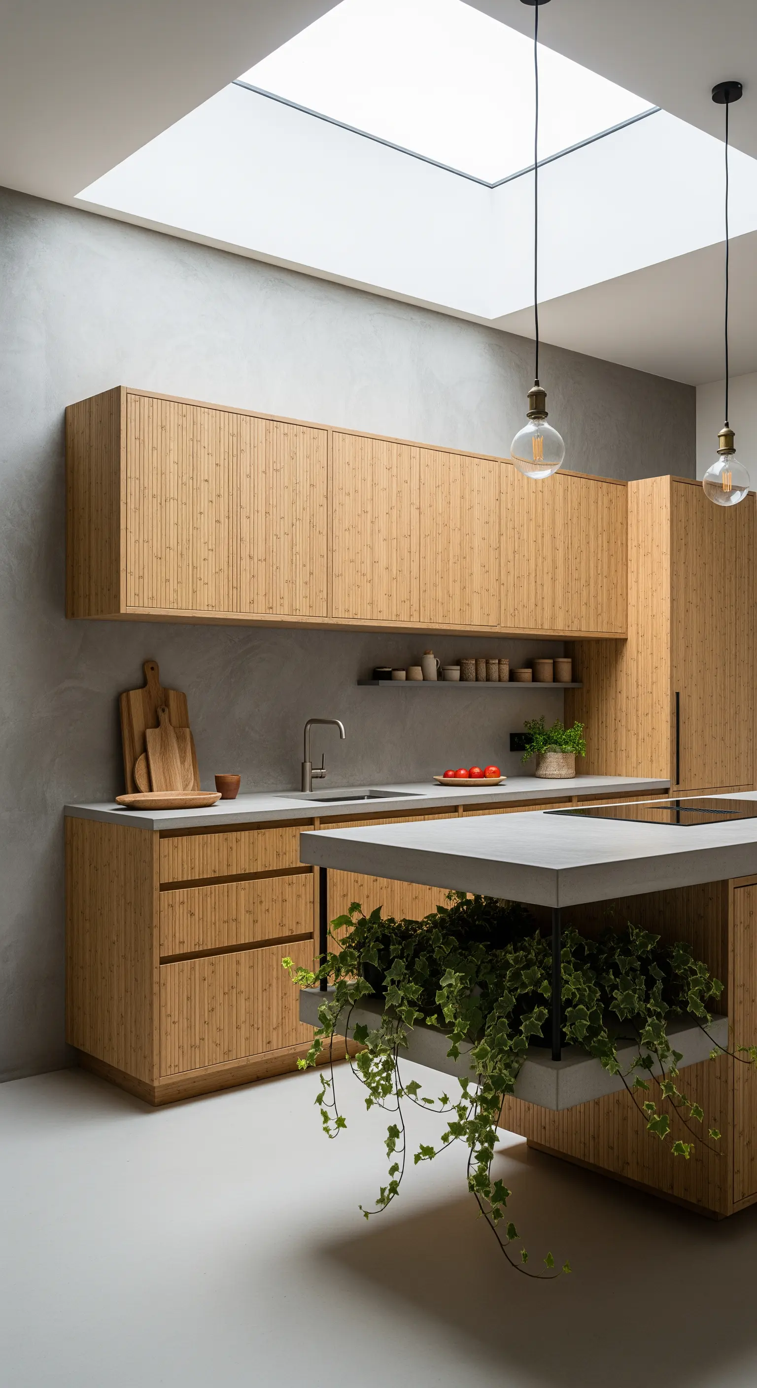 Cucina in bambù con isola, lucernario e piante ricadenti integrate nel piano di lavoro.