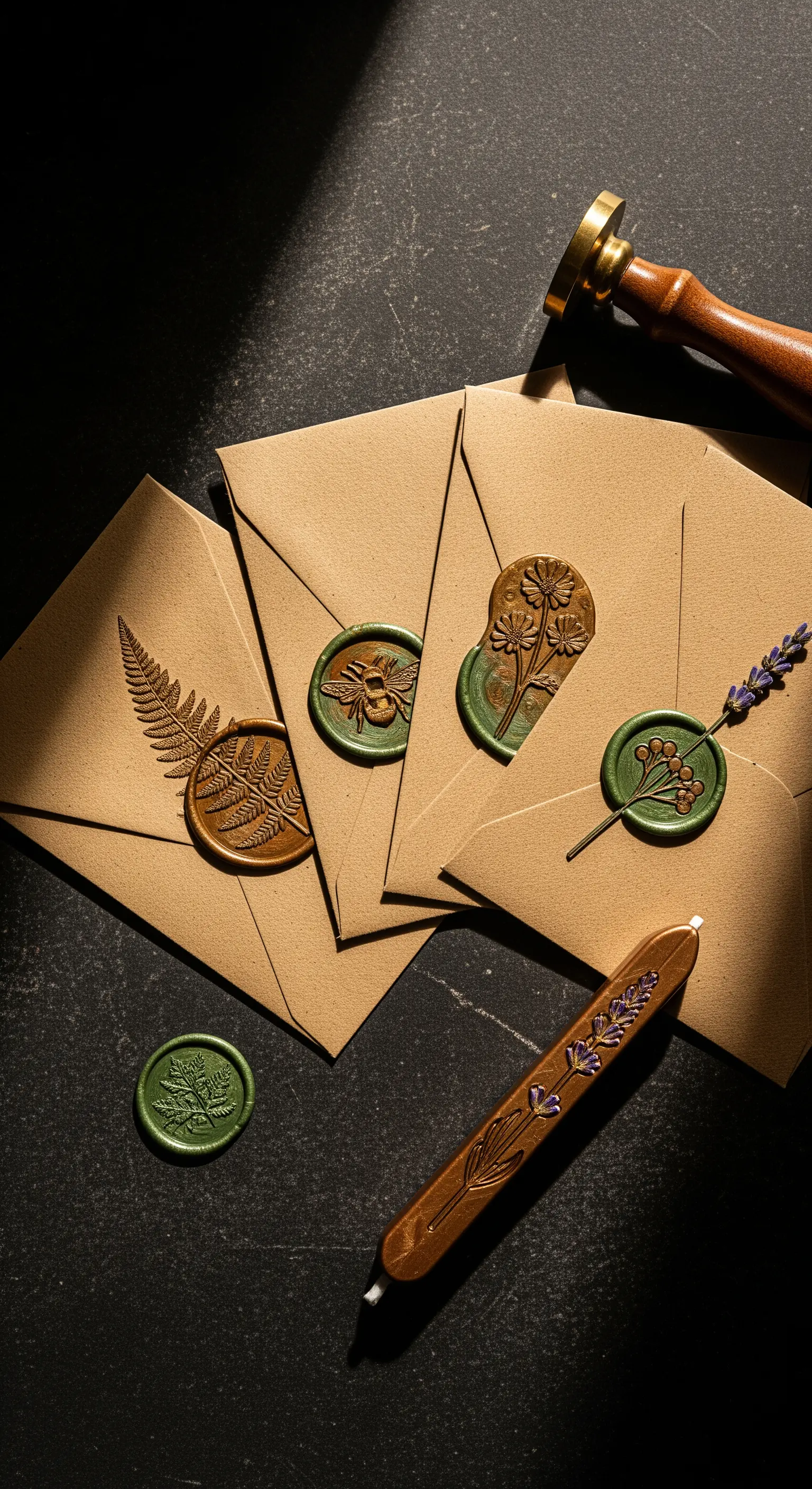 Buste in carta kraft chiuse con sigilli di ceralacca verde e bronzo con motivi botanici.