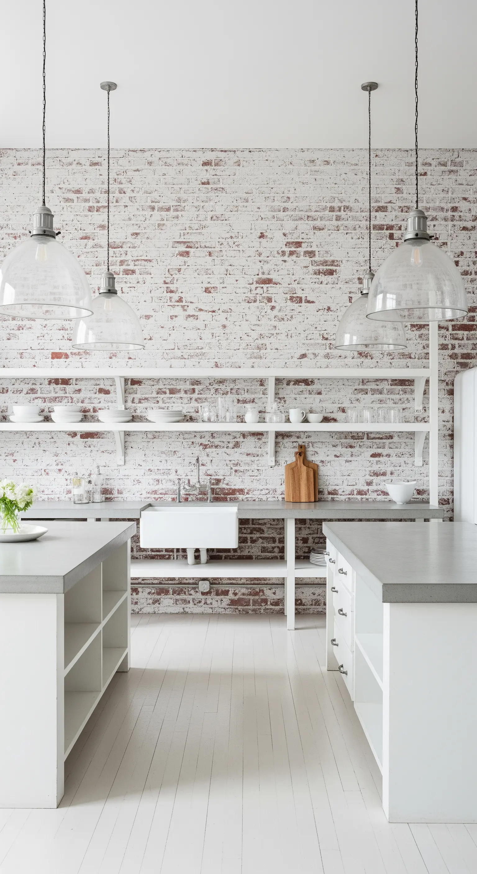 Cucina total white con parete in mattoni sbiancati e grandi lampade in vetro.