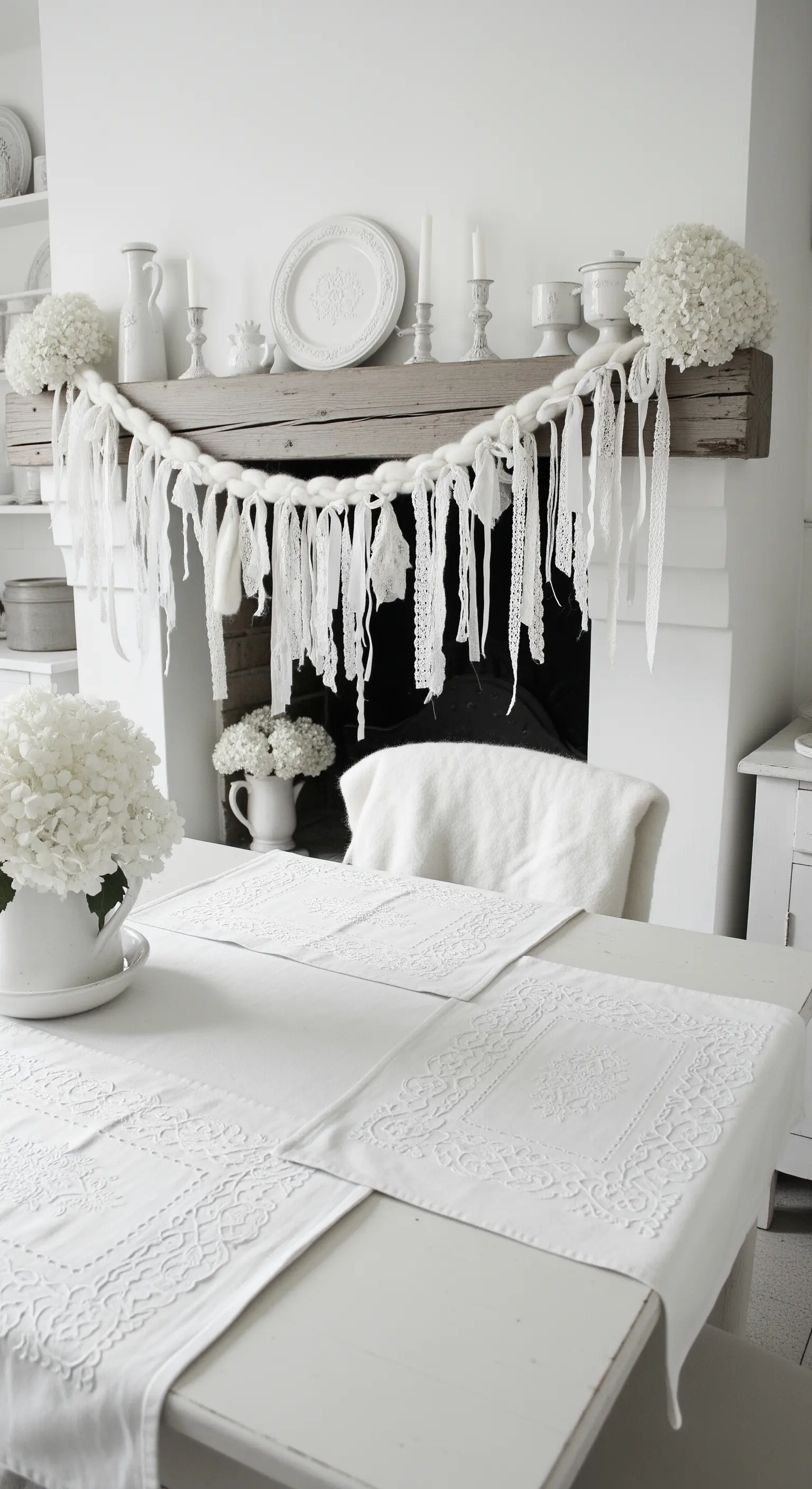 Ambiente total white con ghirlanda di tessuti e pizzi appesa a un camino e ortensie bianche.