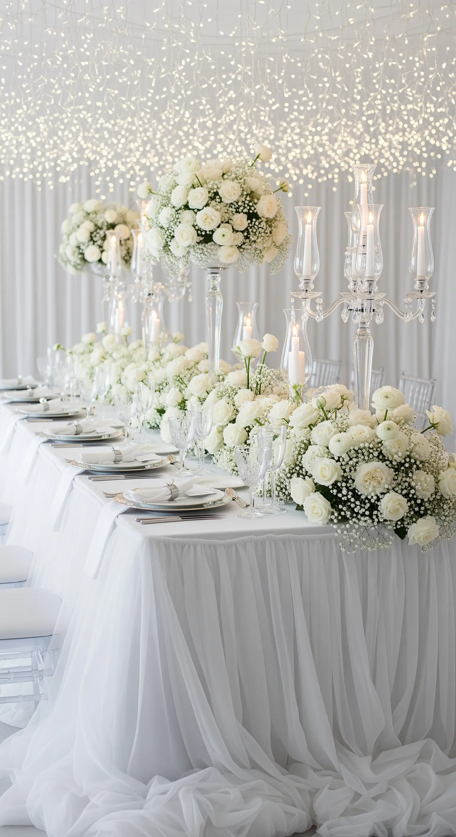 Tavolo imperiale total white con fiori bianchi, candelabri di cristallo e un tetto di luci.