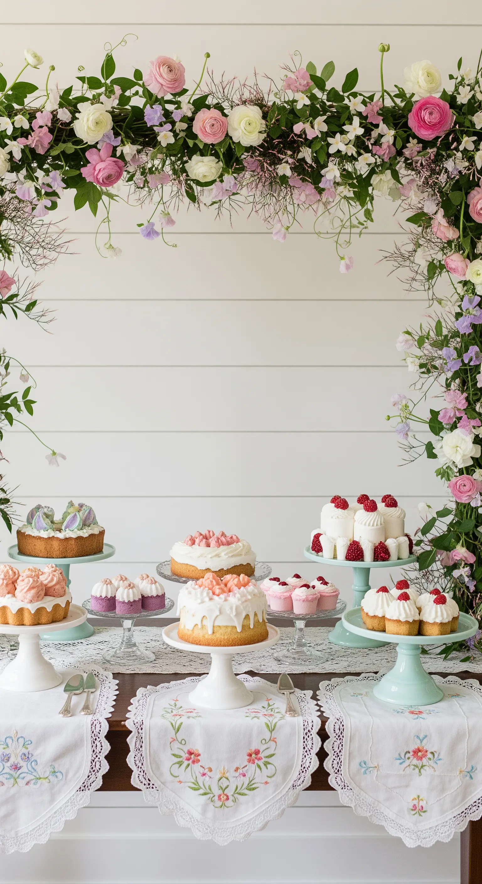 Buffet di dolci pasquali incorniciato da un arco di rose e ranuncoli, con torte su alzate colorate.
