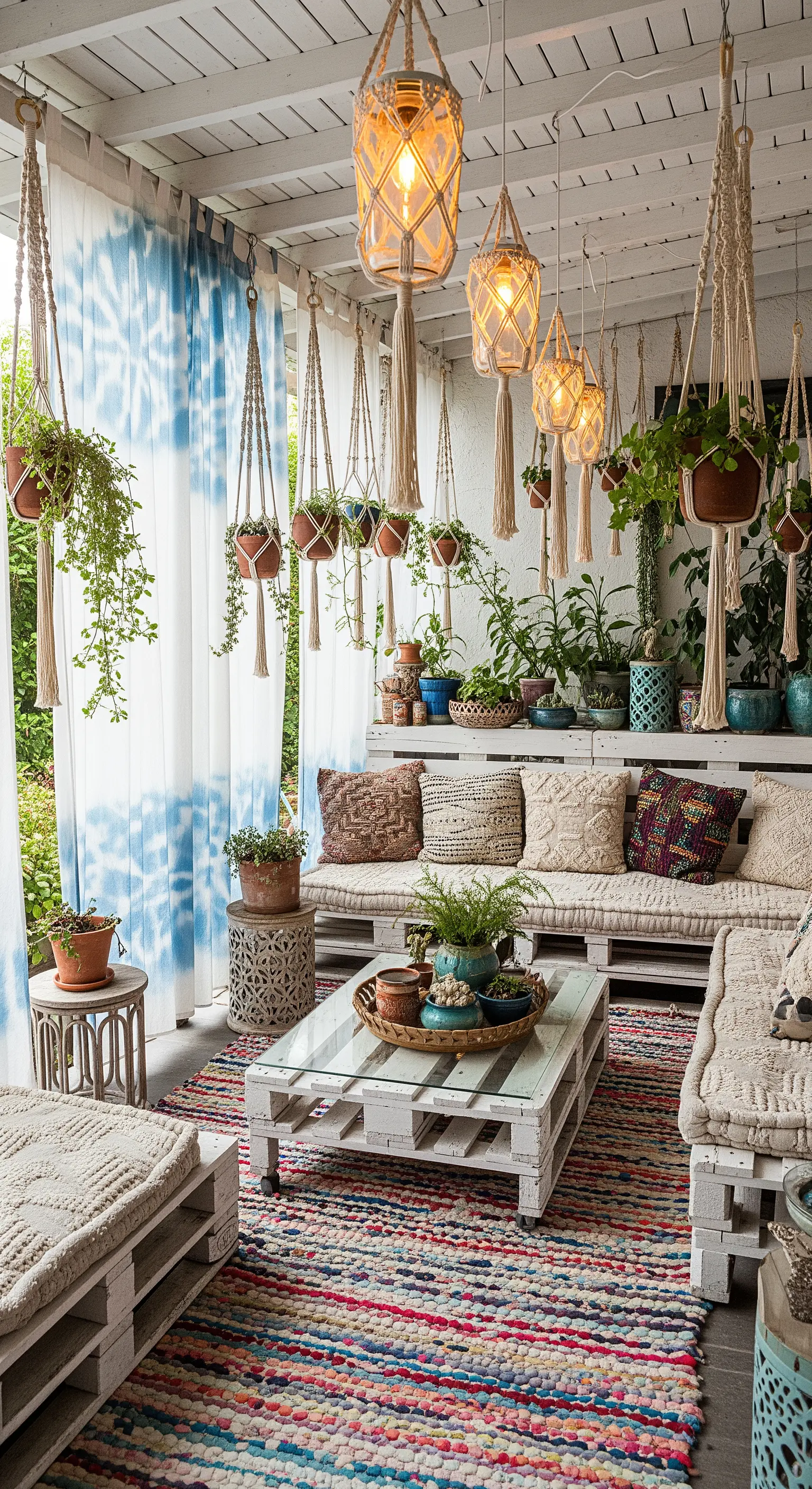 Patio bohémien con divani in pallet, piante sospese in macramè e tende tie-dye.