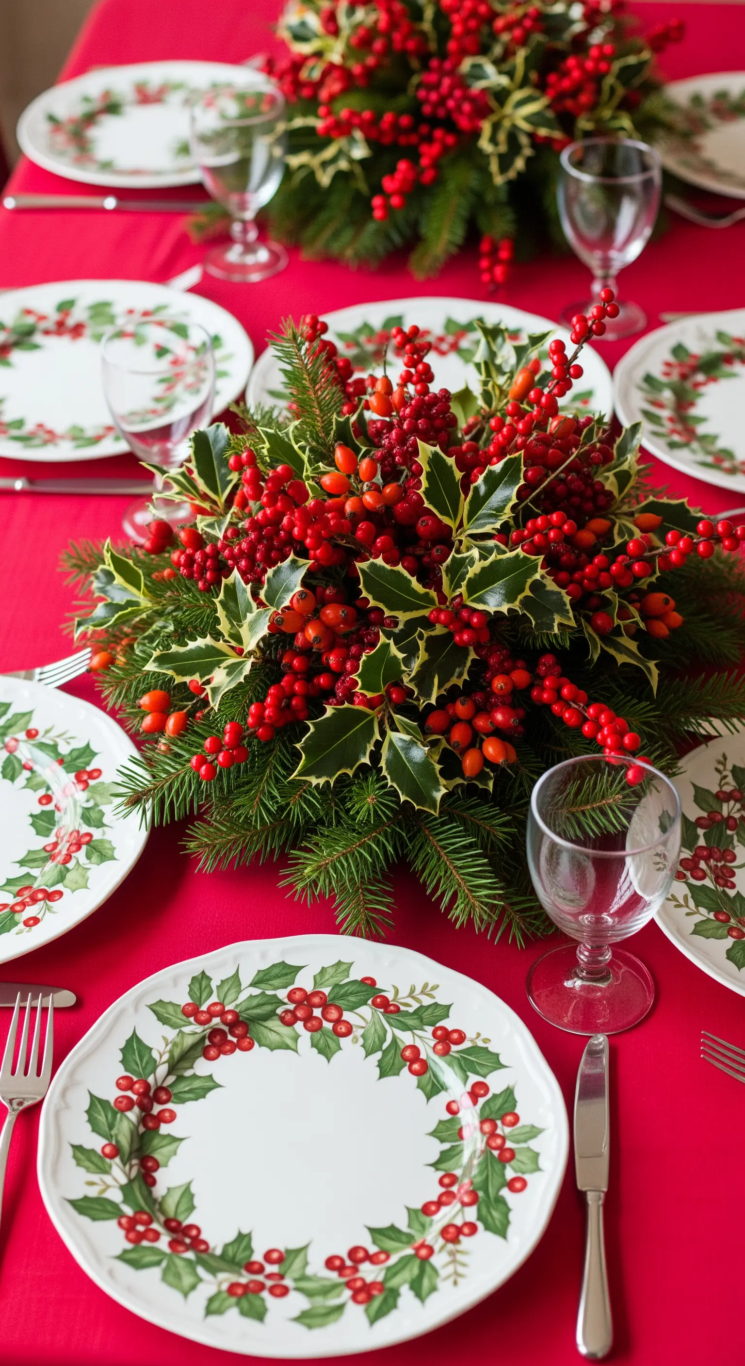 Tavola di Natale con tovaglia rossa, piatti e centrotavola decorati con agrifoglio e bacche.
