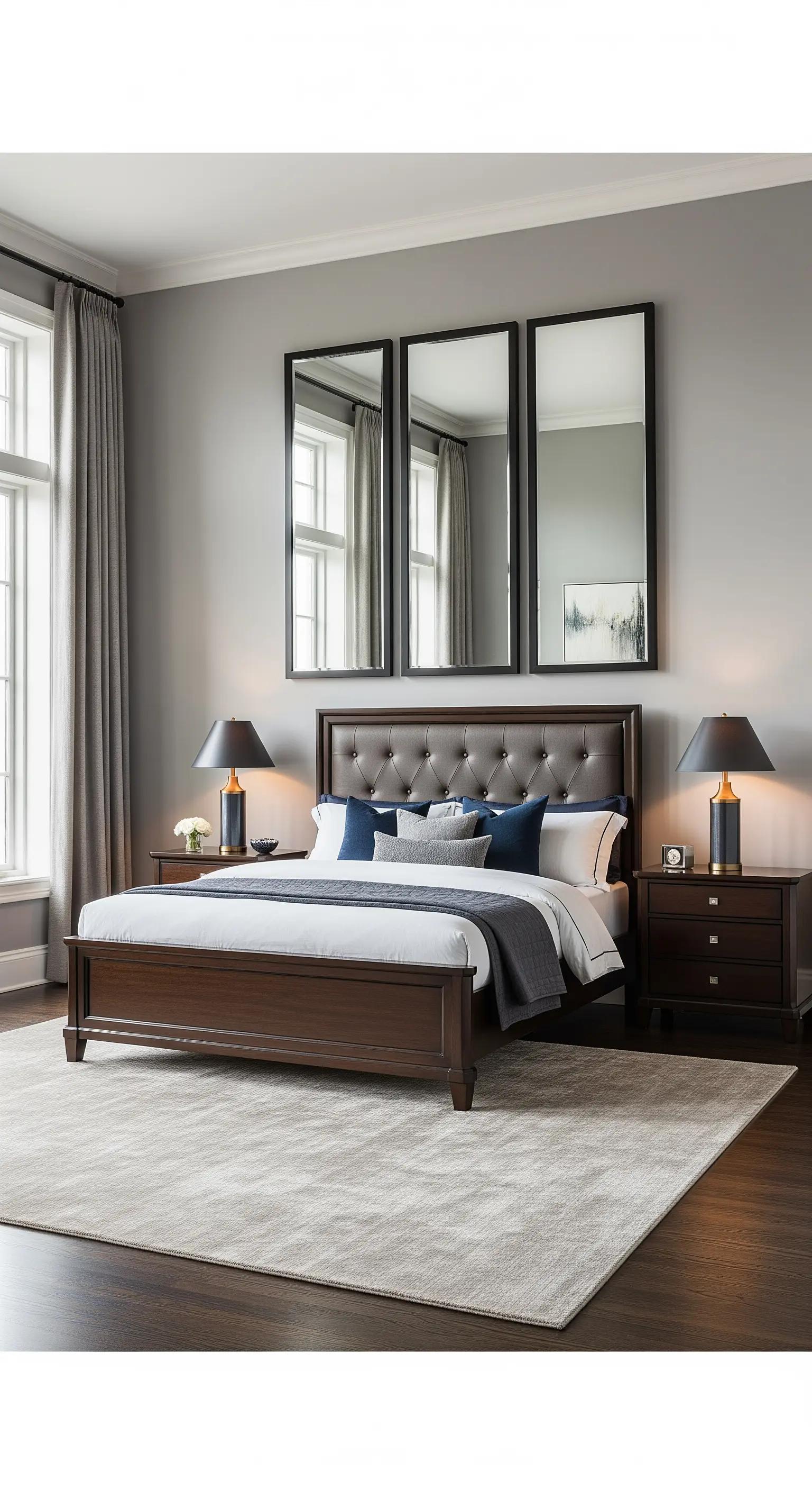 Tre specchi rettangolari verticali appesi sopra la testiera di un letto in pelle.