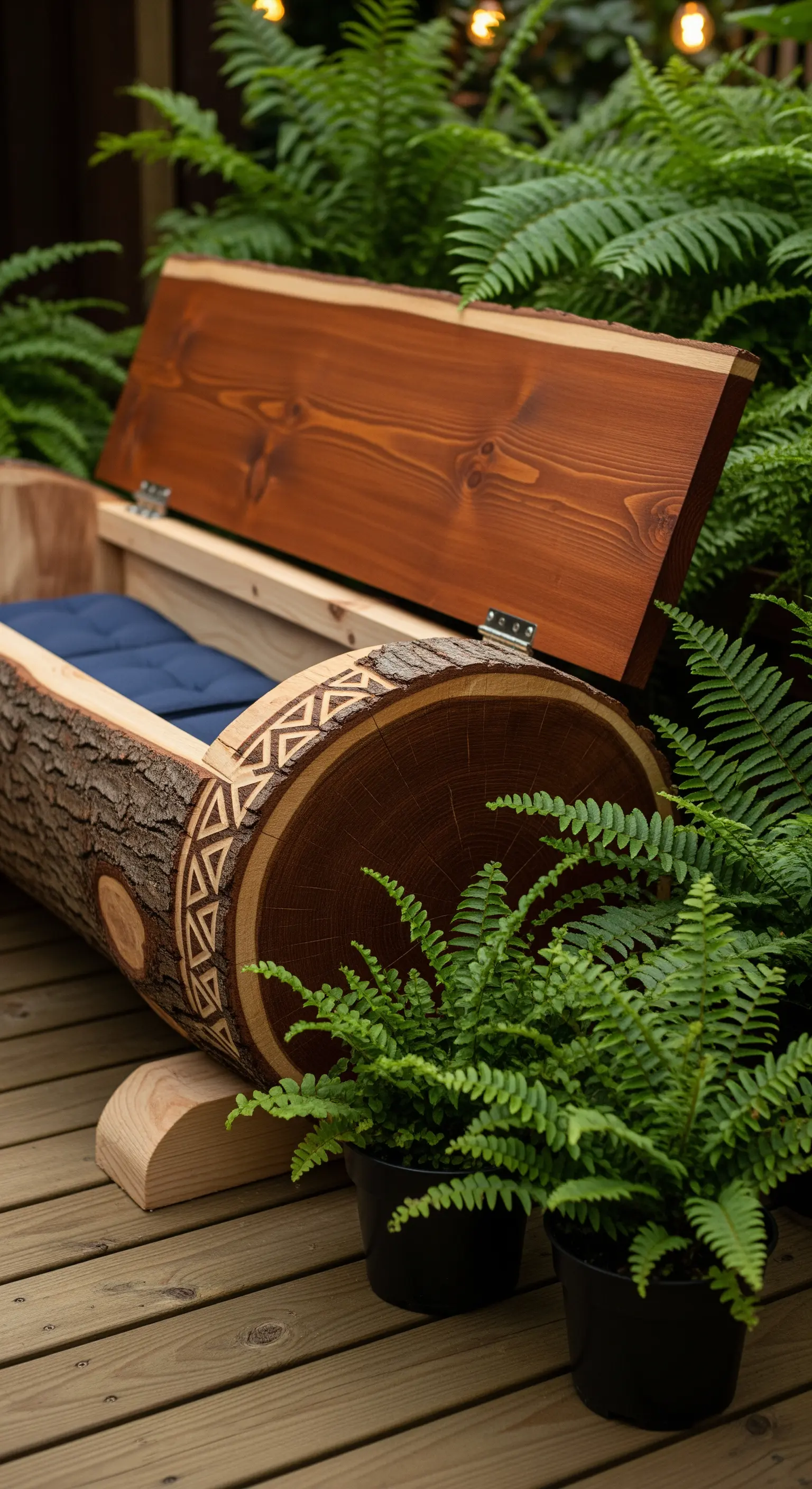 Panca-contenitore a forma di tronco cavo con coperchio aperto, che rivela un cuscino blu all'interno.