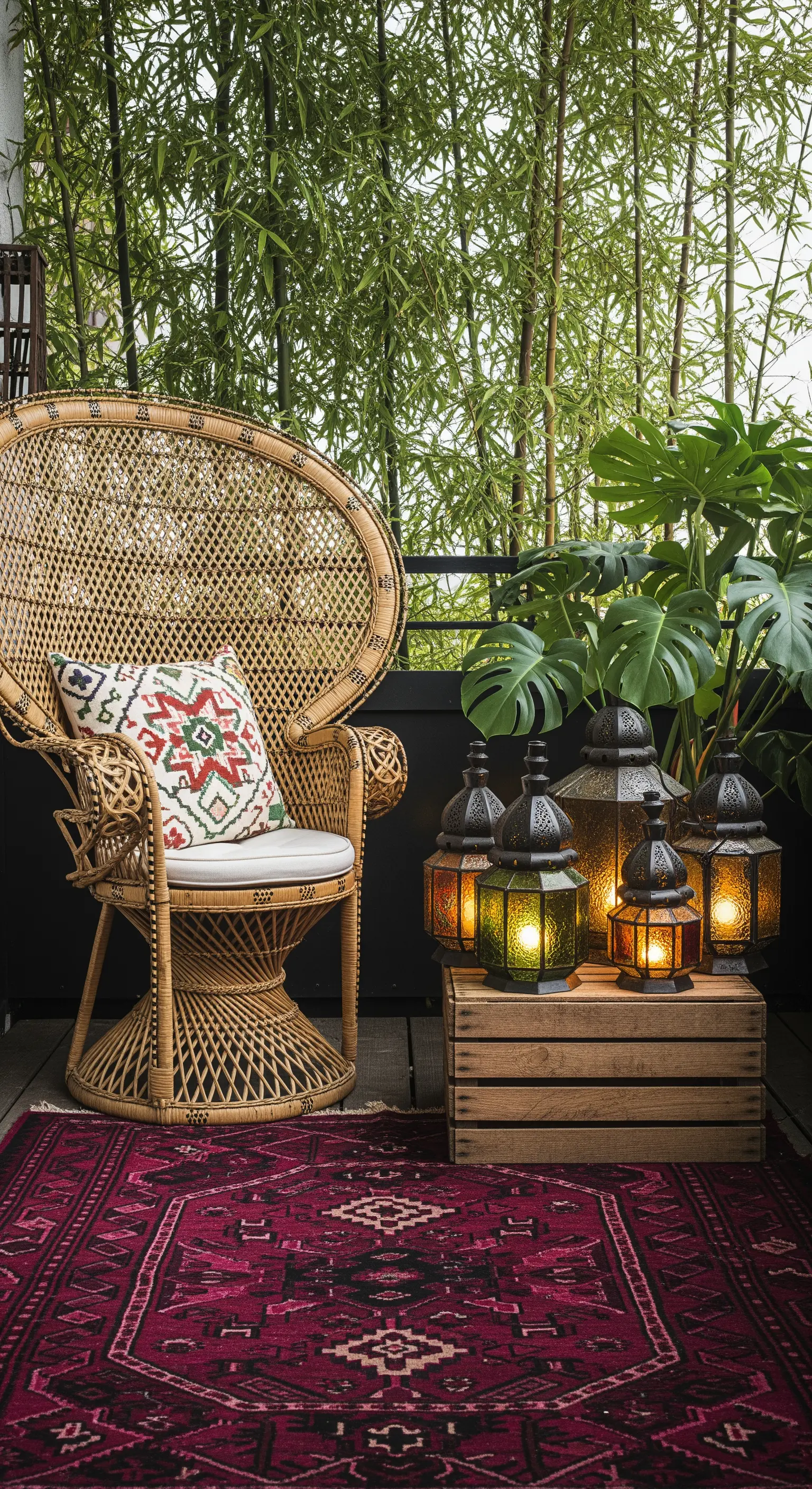 Poltrona Peacock in rattan su un tappeto kilim magenta, con lanterne accese su una cassetta.