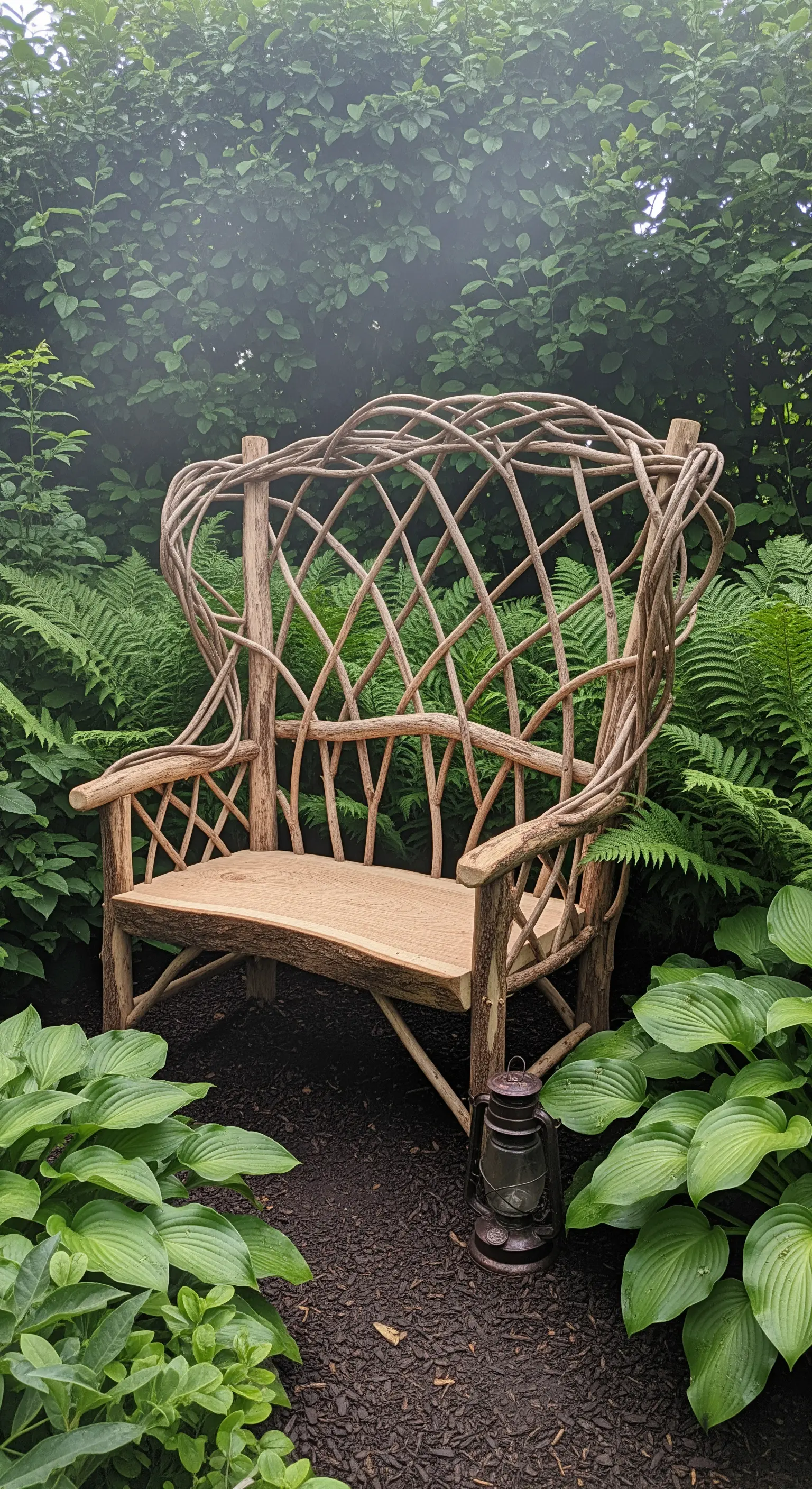 Panca ad alto schienale intrecciato con rami naturali, simile a un trono, in un giardino verde.