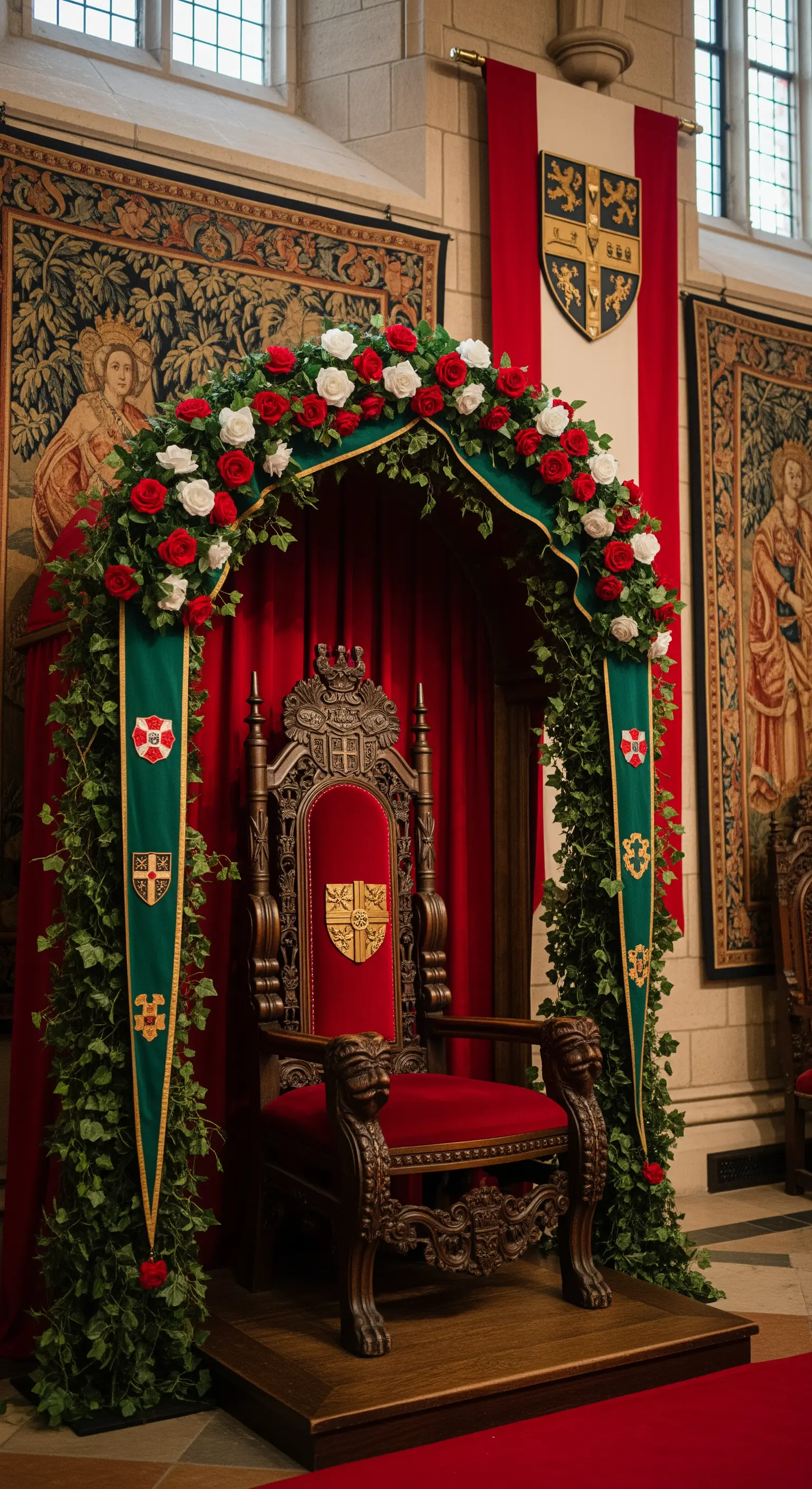 Trono medievale in legno intagliato con stendardi e decorazioni di edera.