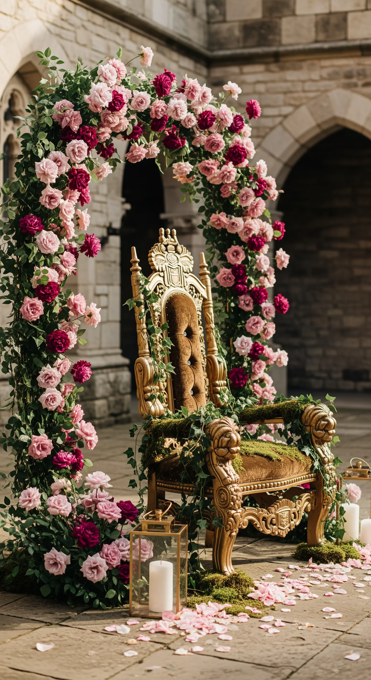 Trono dorato in un cortile antico, avvolto da un arco di rose fucsia.